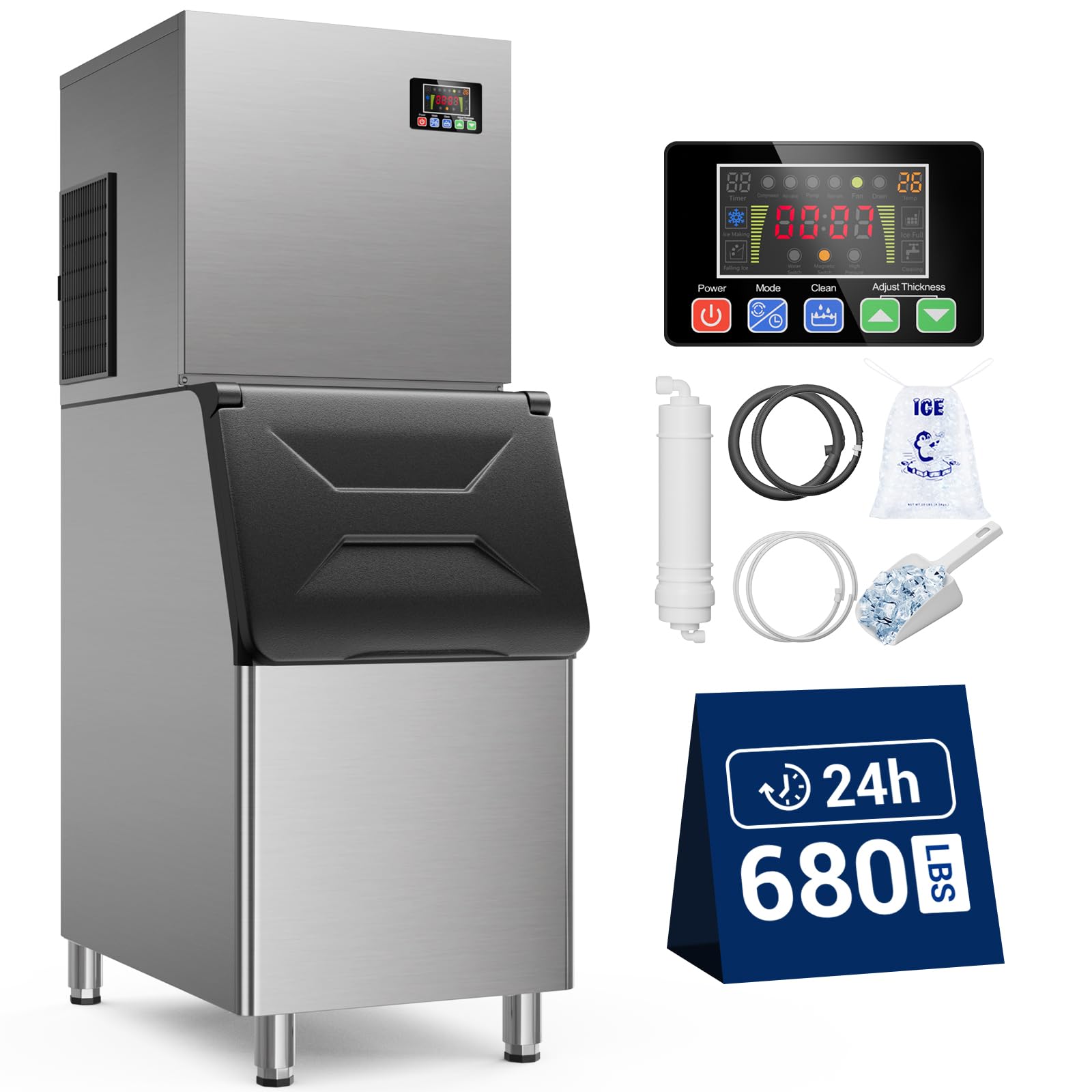 Commercial Ice Maker 680 Lbs/24H With 560 Lbs Storage Bin, 156 Ice Cubes Ready In 5-15 Min, Stainless Steel Industrial Ice Machi