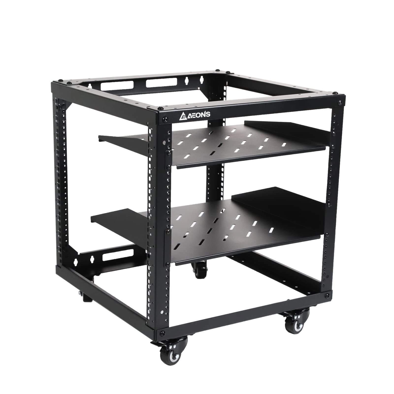 Aeons 10U Open Frame Network Server Rack 19 Inch 4 Post Av Rack With Casters For Floor Standing And Wall Mount, Side Load For Extra Depth� Complete Kit With 1U And 2U Vented Shelves, Black