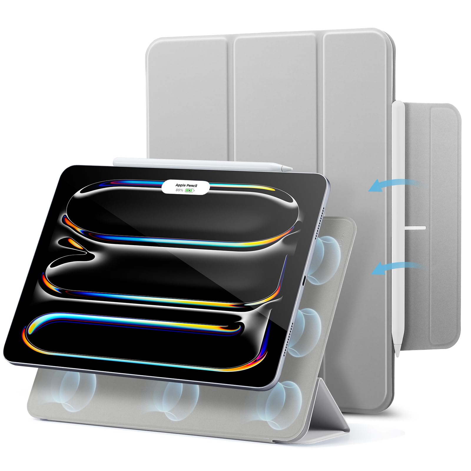Esr For Ipad Pro 11 Inch Case 2024 5Th Gen(M4), Powerful Magnetic Attachment, Slim Trifold Stand Case, Supports Pencil Pro And Pencil(Usb C), Auto Sleep/Wake, Rebound Series, Silver Gray