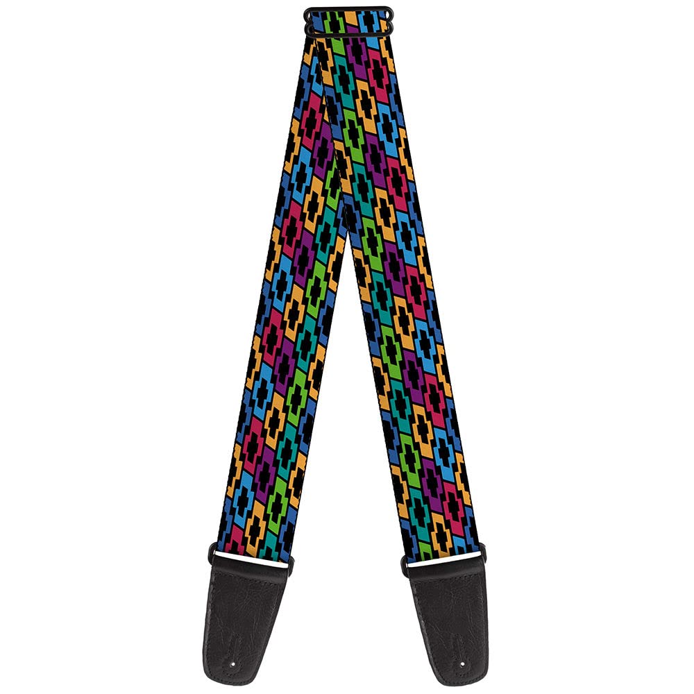 Gm General Motors Guitar Strap, Chevy Bowties Row Black Multi Color, 2 Inches Wide