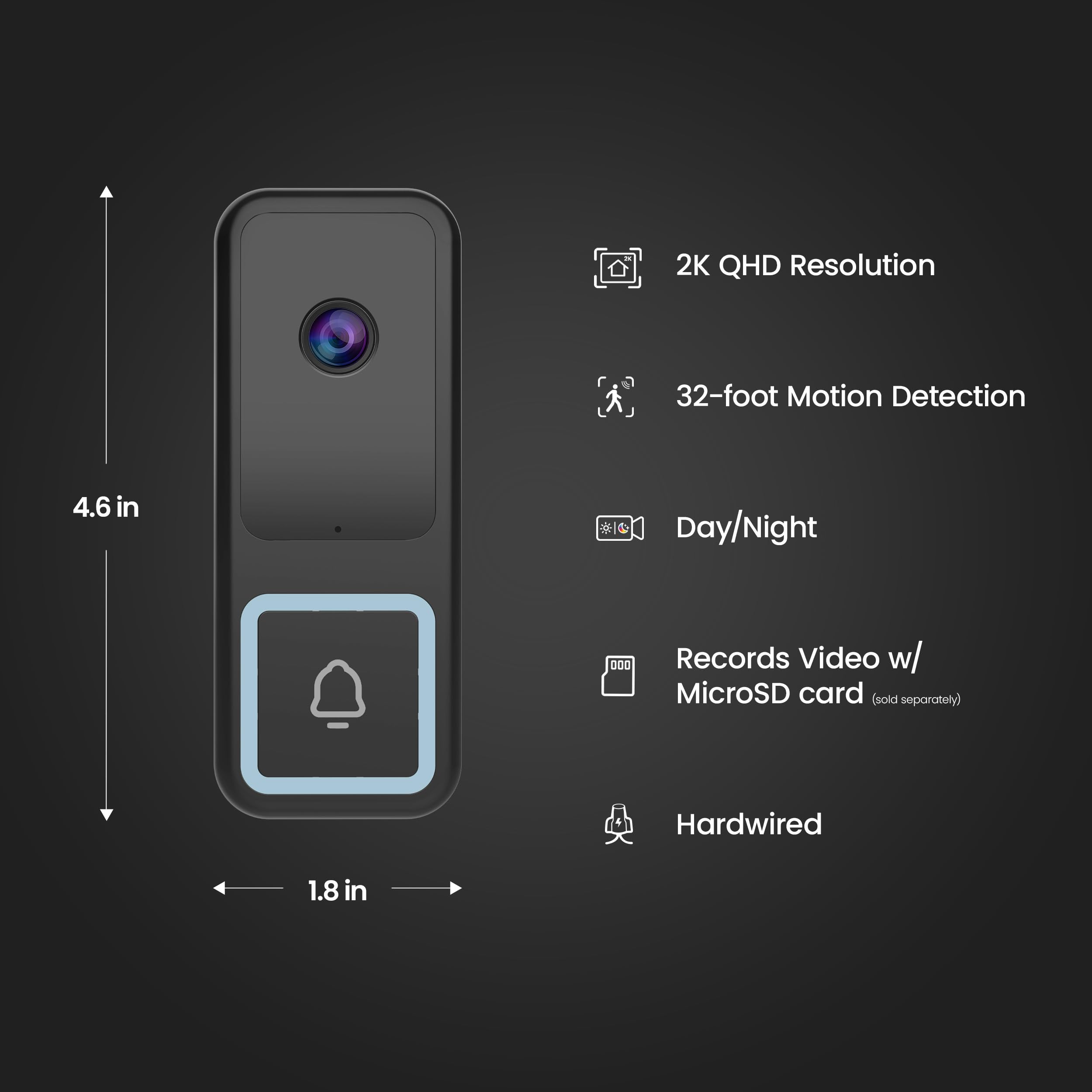Feit Electric Smart Doorbell Camera, Wired 2K Hd Video, Night Vision, Motion Detection, Two Way Audio, Alexa/Google Assistant Co