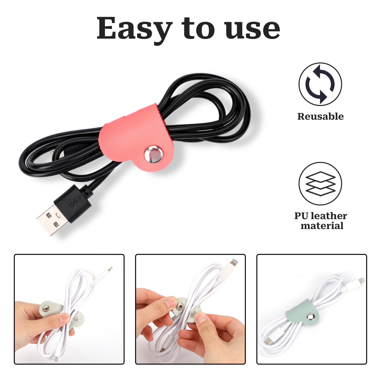Kalione Heart Cord Organizer 3 Pack Wrap Manager, Usb Cable Organizer Storage Pu Leather Earphones Storage Straps Portable Bag C