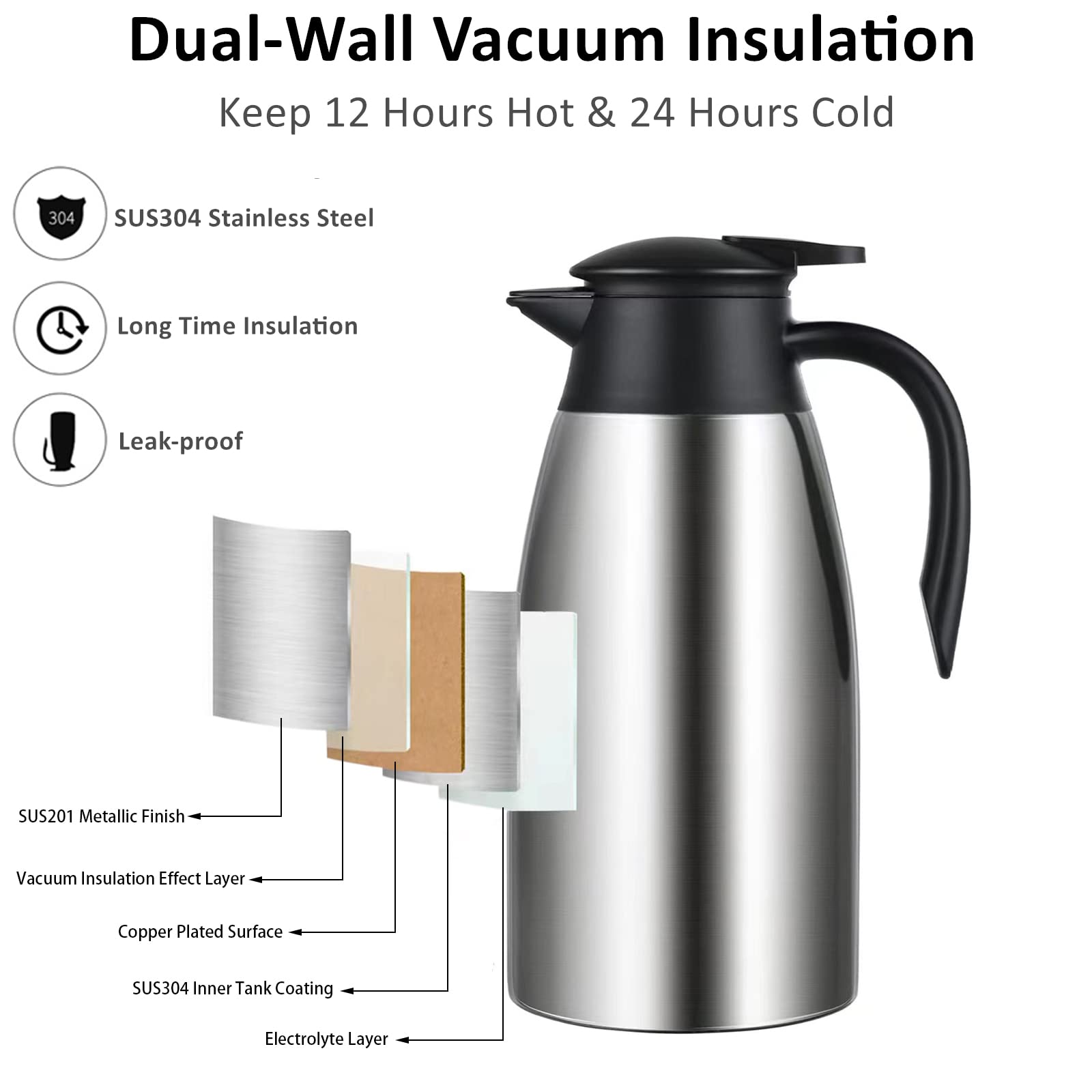 Thermal Coffee Carafe Insulated, 68Oz Carafe For Hot Liquids Keeping Hot, Stainless Steel Coffee Hot Water Thermal Carafe Thermo