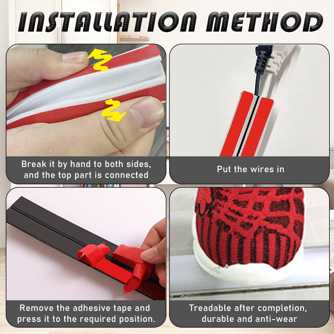 6.5Ft Floor Cord Cover Cable Protector, Strong Self Adhesive Rubber Wire Organizer Hider   Extension Protect Cords Prevent Trip