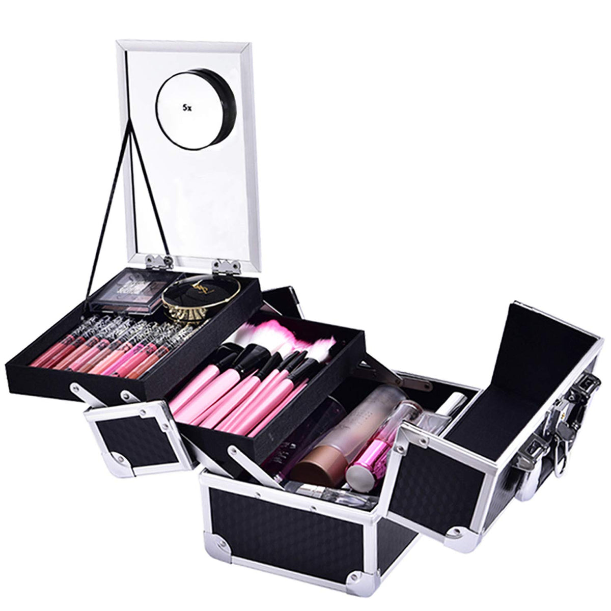Joligrace Makeup Box Cosmetic Train Case Jewelry Organizer Box   2 Trays Key Lock Portable Carrying With Mirror Travel Storage M