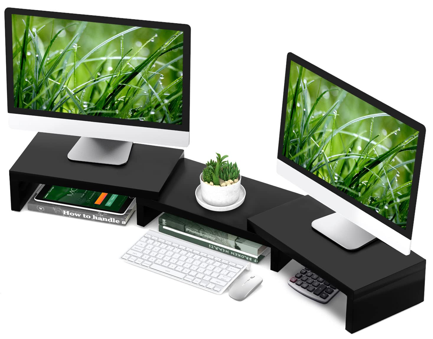 Tavr Dual Monitor Stand Riser Office Desktop Organizer Stand For 2 Monitors, Adjustable Length And Angle 3 Shelf, Extra Long Mul