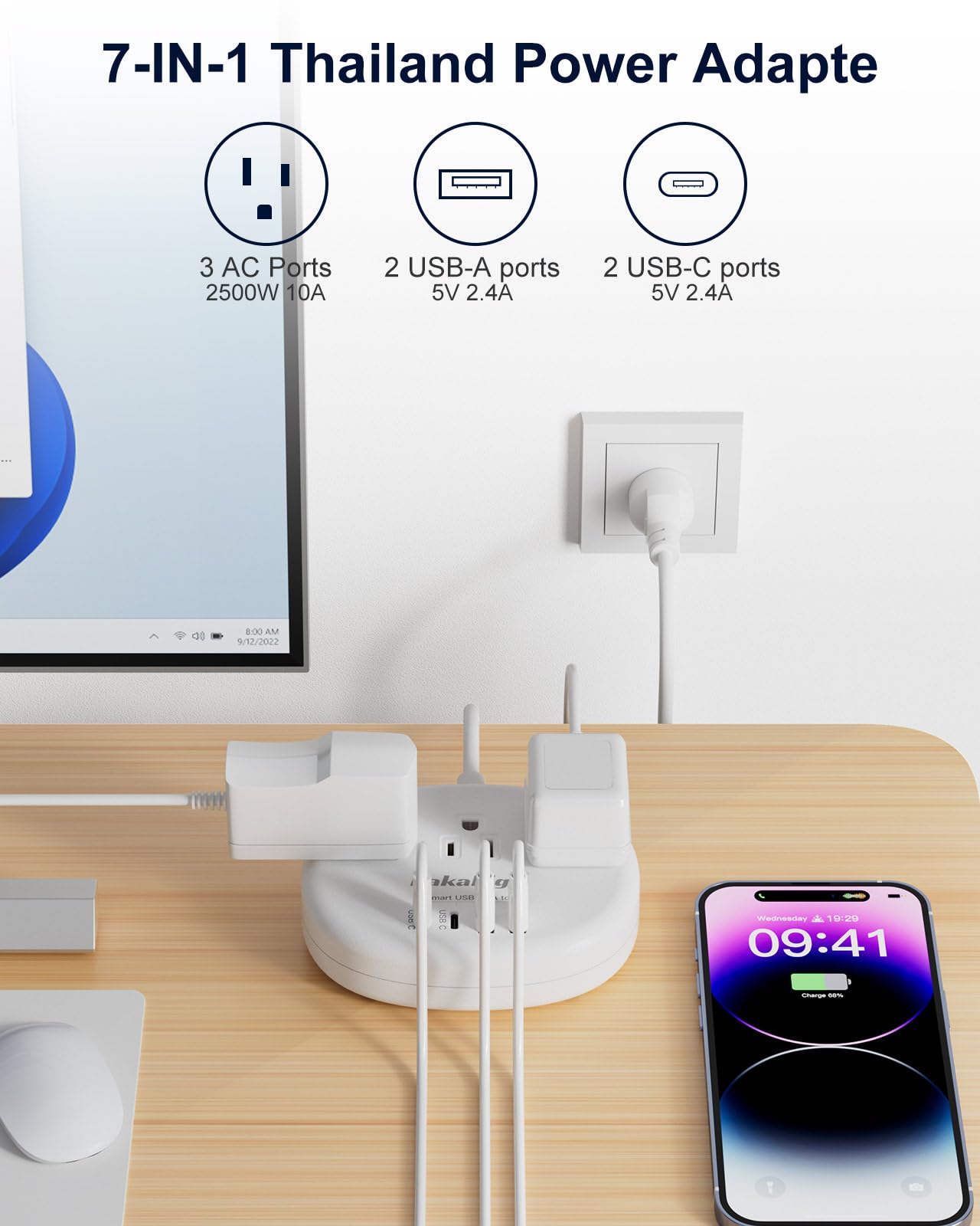 Thailand Power Adapter, Thailand Plug Adapter With 3 American Outlets 4 Usb Ports (2 Usb C) Total 24W, Type O Plug Adapter And O