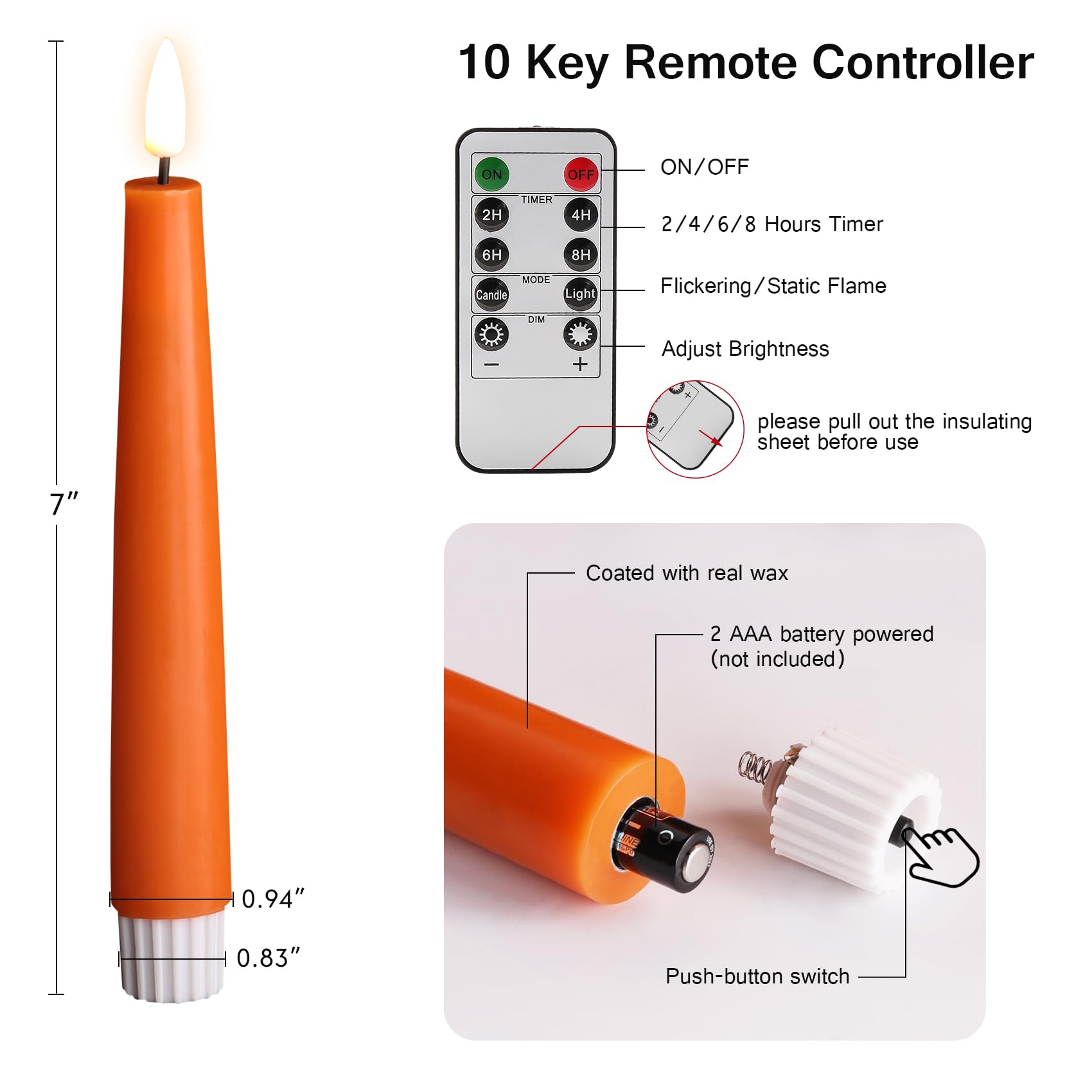 Eywamage Short Orange Flameless Taper Candles With Remote, Flickering Halloween Fall Led Candlesticks Set Of 6