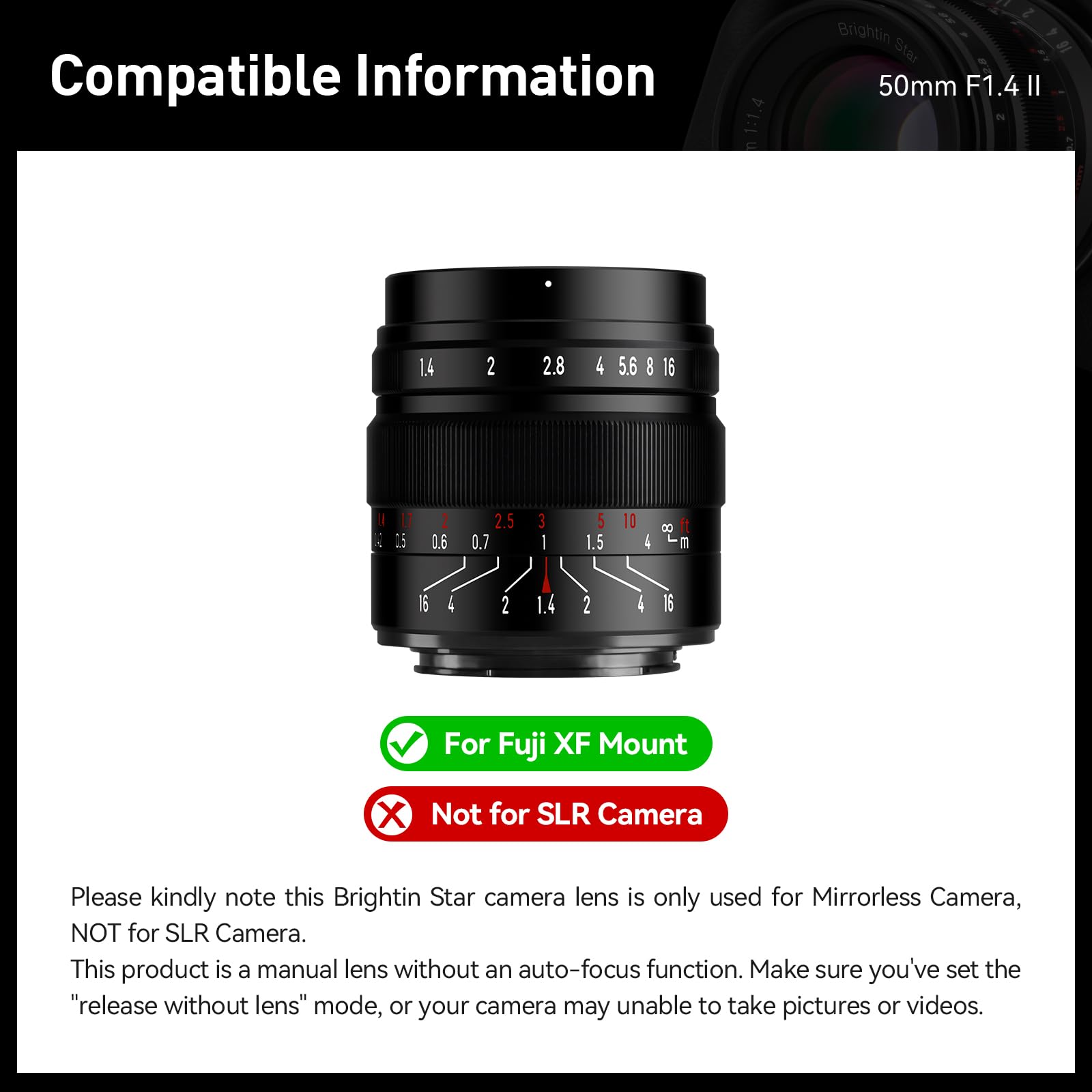 Brightin Star 50Mm F1.4 Manual Focus Prime Lens For Fujifilm Xf Mount Mirrorless Cameras   Aps C Mf Large Aperture Standard Fixe