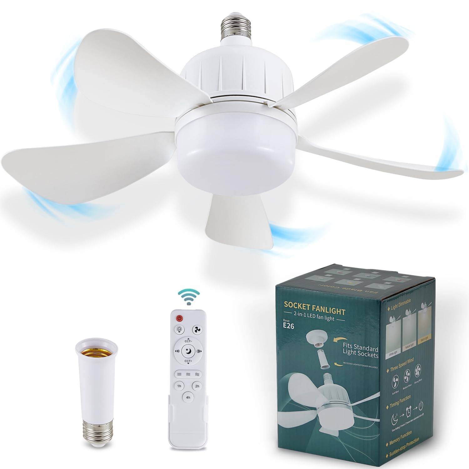 18 Socket Fan Light with Remote, Dimmable LED Ceiling Fans with Lights, Screw in Socekt Fans and 1 Socket Extender, 3 Colors 300