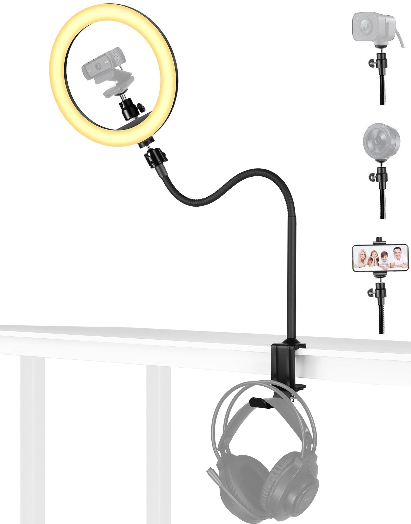 Webcam Ring Light With Clamp Stand, 24 Inch Webcam Arm Mount Holder With 10 Inch Selfie Light And Headphone Hook Compatible With Logitech C920 C922 C930 Streamcam C615 C925E Brio 4K Webcams