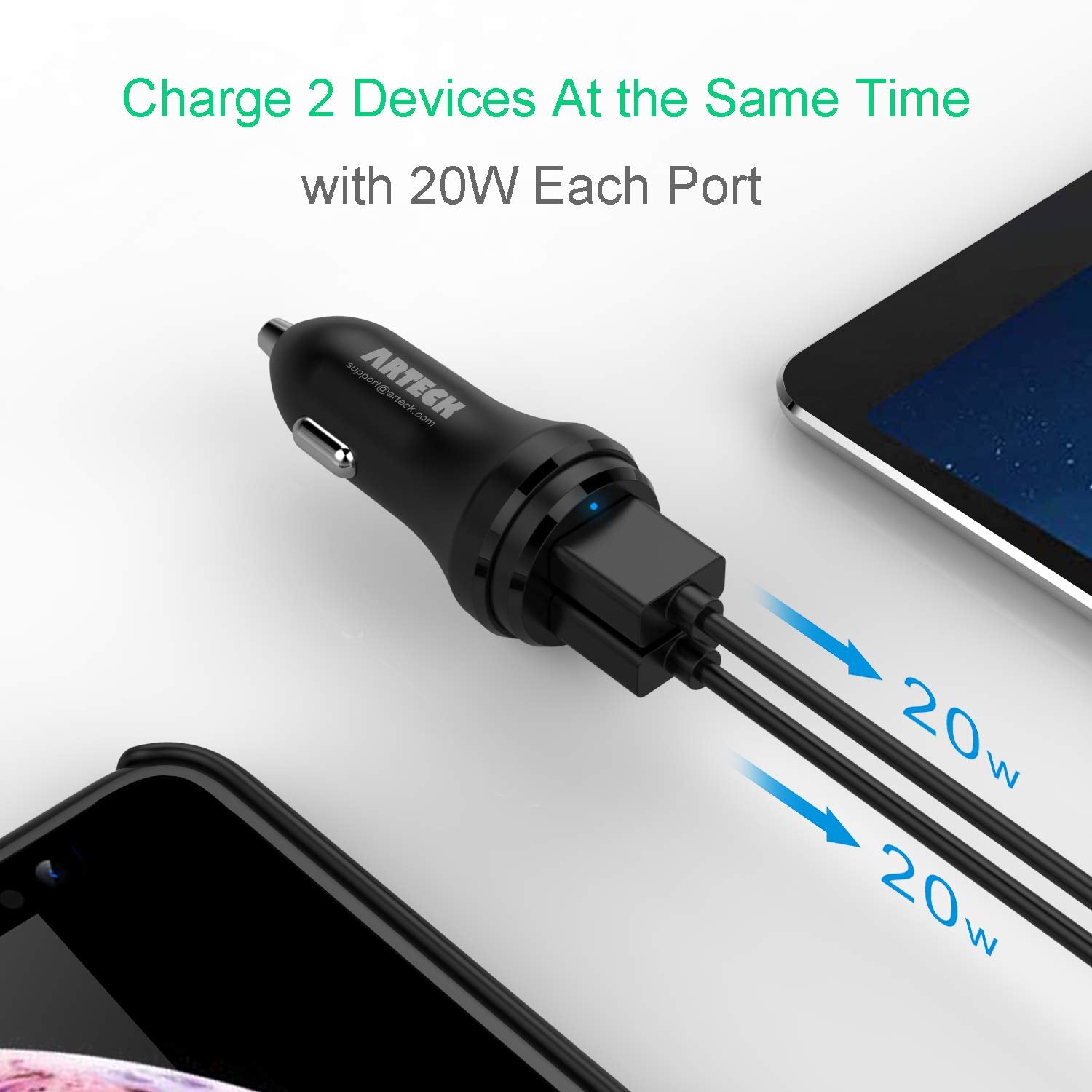 Car Charger, Arteck 40W 2 Quick Charge 3.0 Usb Port Adapter With Dual Qc 3.0, Compatible Iphone 15, 15 Pro, Iphone 14, 14 Pro, 1