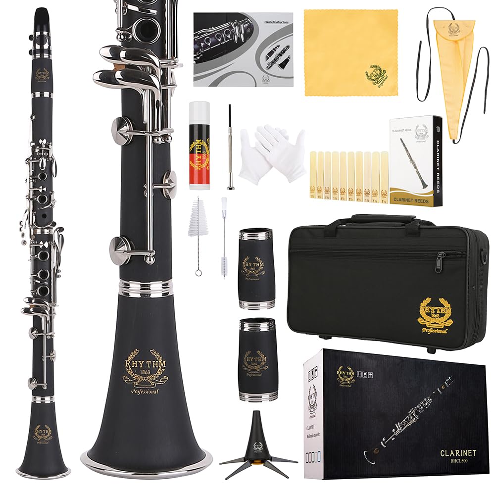 Rhythm Bb Clarinet 17 Nickel Keys Woodwind Band & Orchestra Musical Instruments for Beginners Includes Case, Stand, 10 Reeds and