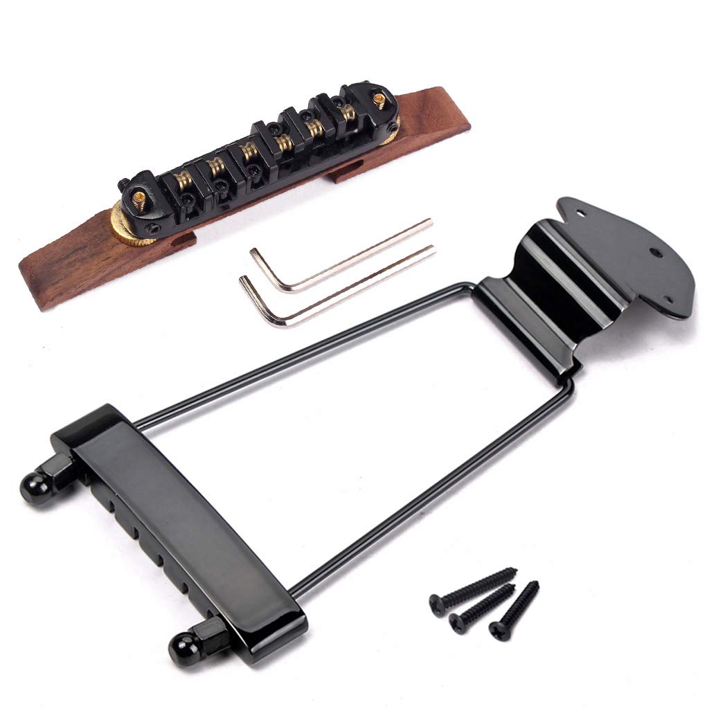 Ogdni 6 String Guitar Trapeze Tailpiece Bridge And Roller Tune O Matic Saddle Bridge For Jazz Archtop Guitar Replacement (Black)