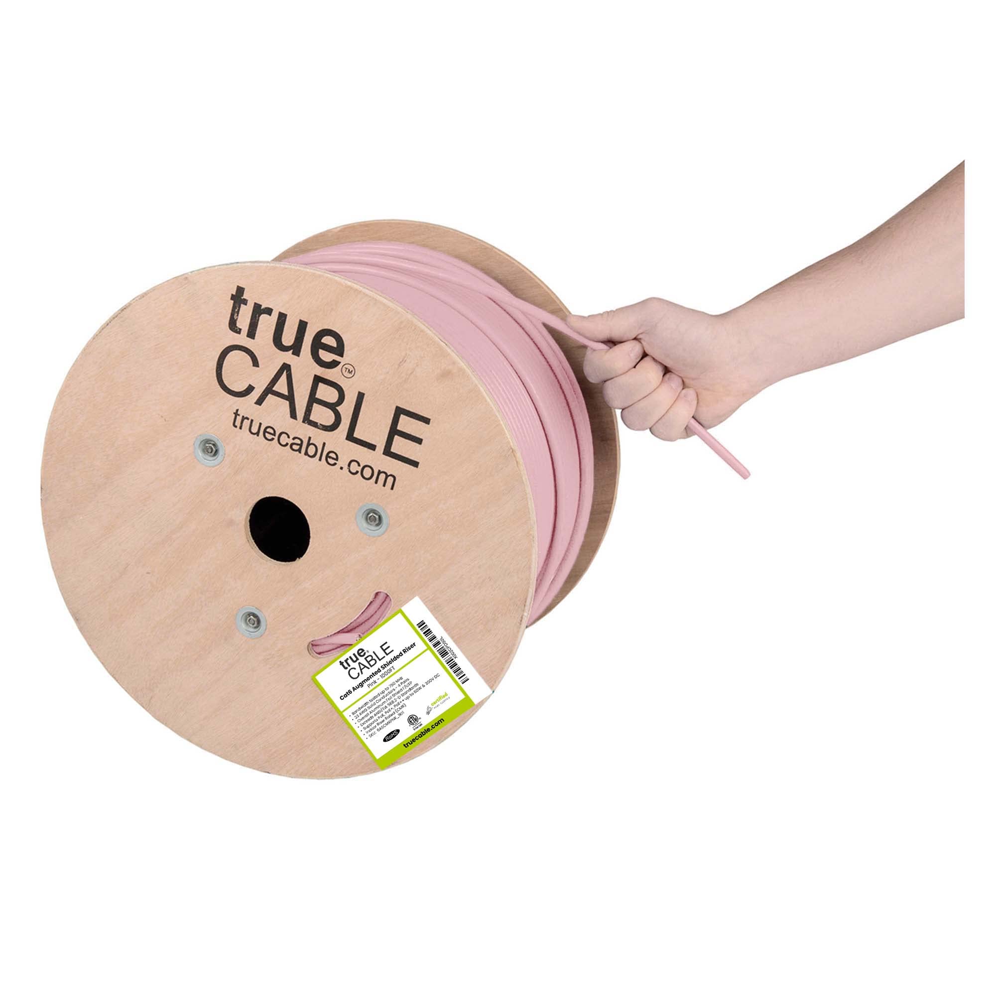 Truecable Cat6A Shielded Riser (Cmr), 1000Ft, Pink, 23Awg Solid Bare Copper, 750Mhz, Poe++ (4Ppoe), Etl Listed, Overall Aluminum Foil Shield (F/Utp), Bulk Ethernet Cable