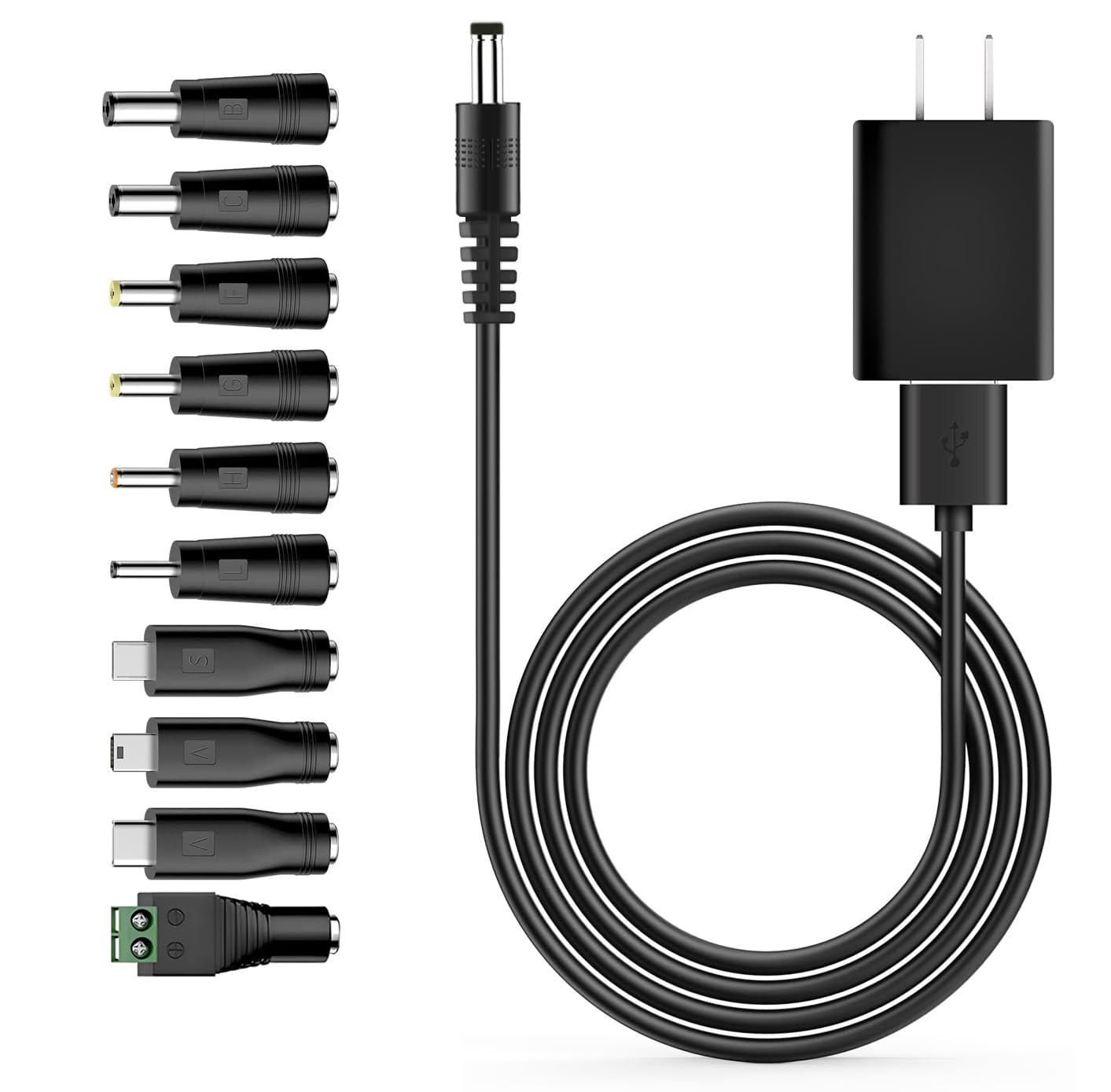 Universal Charger Power Core, 5V Usb To Dc 5.5X2.1Mm, Charging Cable Set With 5V 1A Adapter, 10 Connectors (Micro Usb, Type C, Mini Usb, 2.5X0.7, 3.0X1.1, 3.5X1.35, 4.0X1.7, 4.8X1.7, 5.5X2.5) 3.3Ft