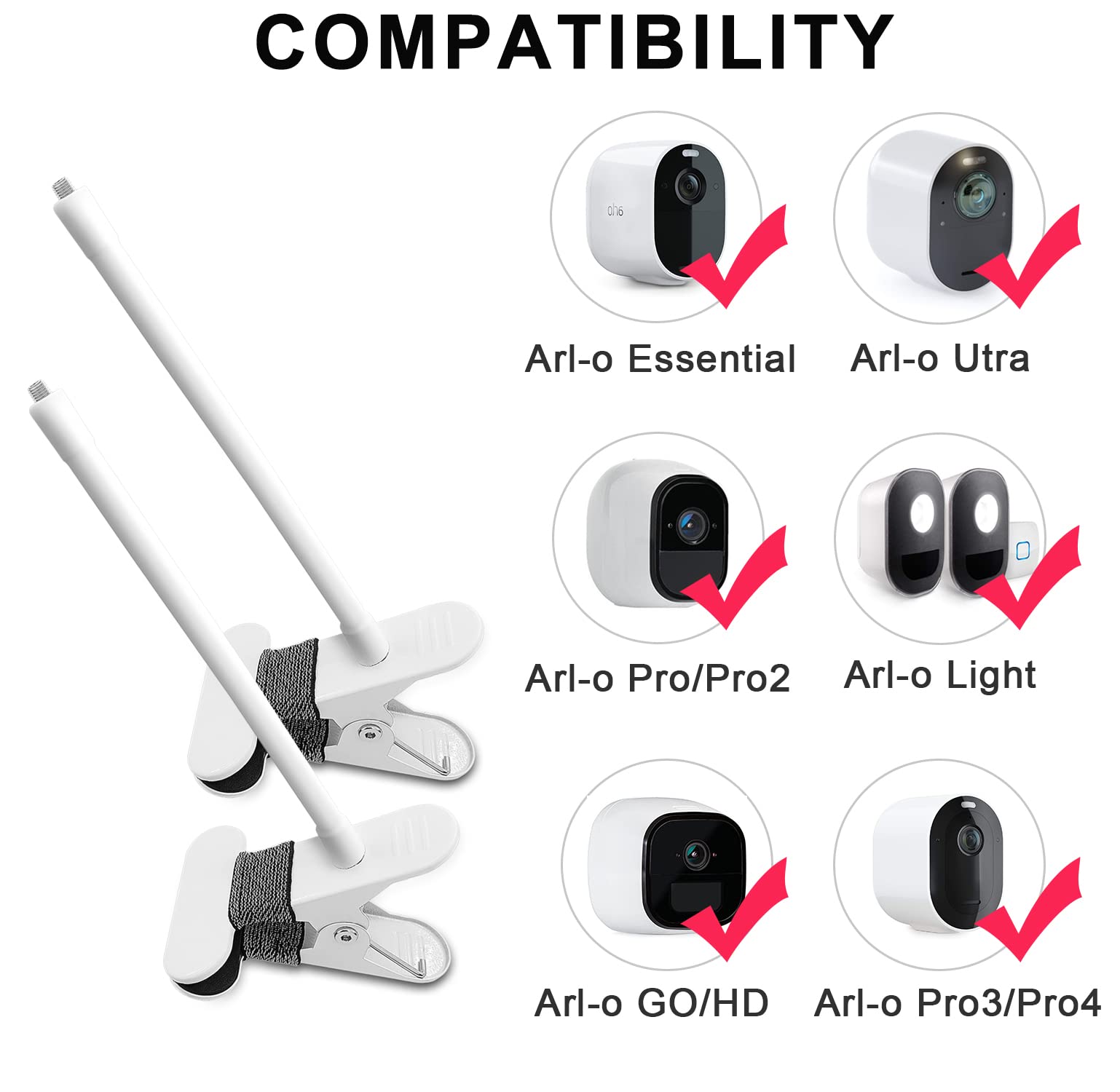 Aoztsun 2Pack Flexible Clamp Mount Compatible With Arlo Cam, Arlo Pro/Pro 2/Pro 3/Ultra/Ultra 2, & Others Flexible Gooseneck Mounting Bracket No Tools Or Wall Damage Required (White)