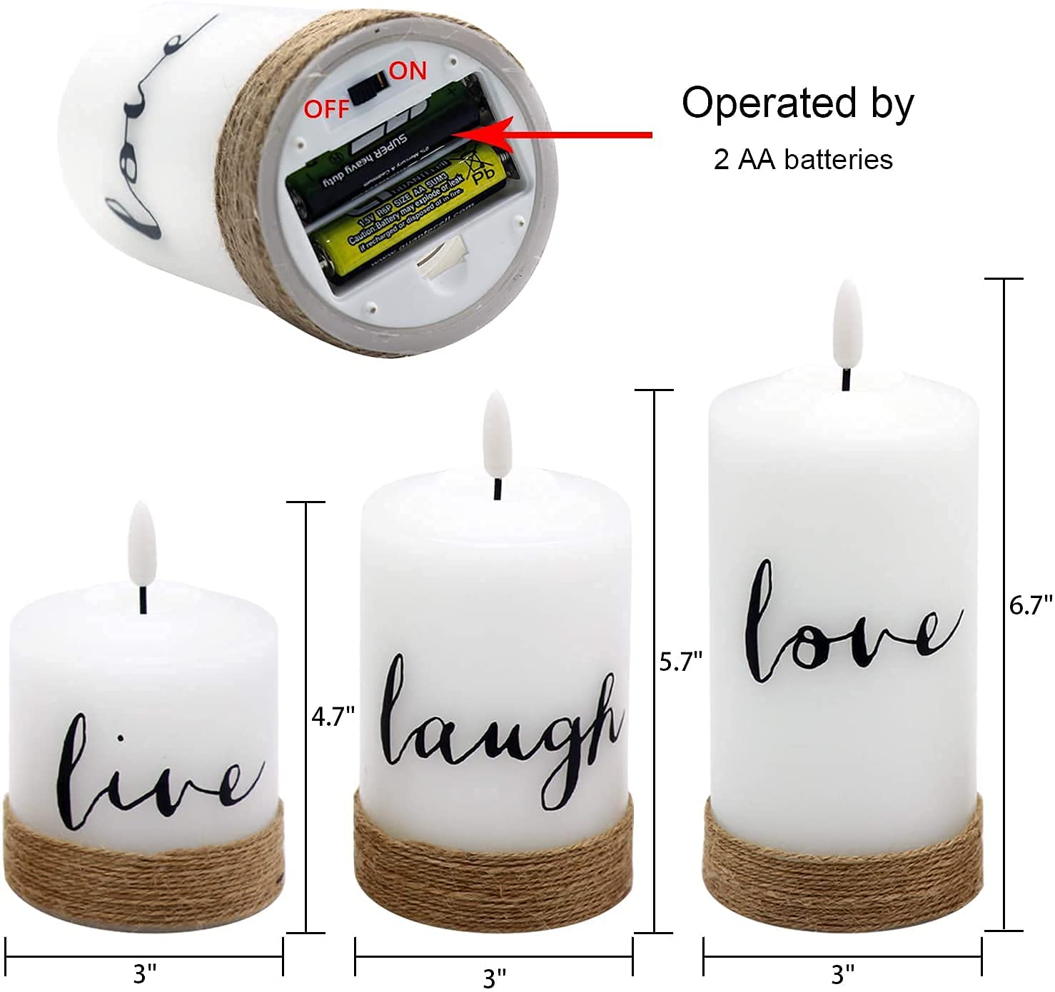 Genswin Flameless Led Candles With Hemp Rope & Remote Timer, Real Wax Battery Operated Pillar Candles Live Laugh Love, Realistic