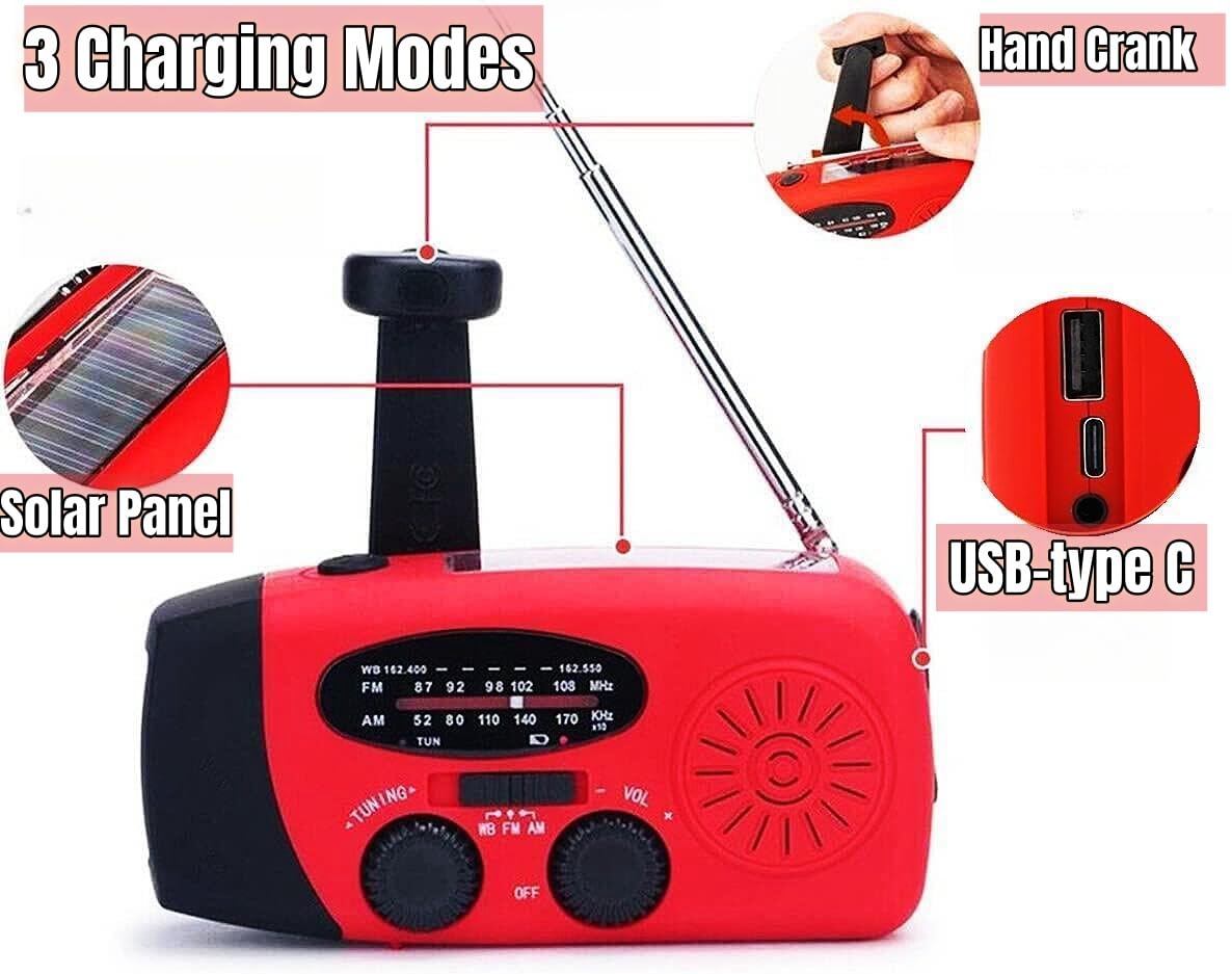 Handsider 5000Mah Hand Crank Emergency Weather Radio, Am Fm Noaa Solar Radio With Led Flashlight And Earphone Jack, Power Bank C