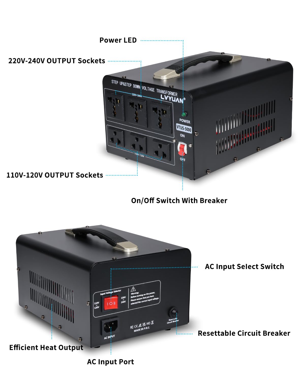 Lvyuan 5000 Watt Voltage Converter Transformer Heavy Duty Step Up/Down Ac 110V/120V/220V/240V Power Converter With 3 Us Outlets,