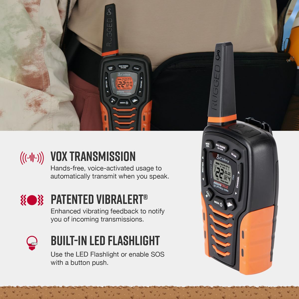 Cobra Acxt645 Waterproof Walkie Talkies   Rechargeable, 22 Channels, Long Range 35 Mile Two Way Radio Set, Black And Orange (2 Pack)