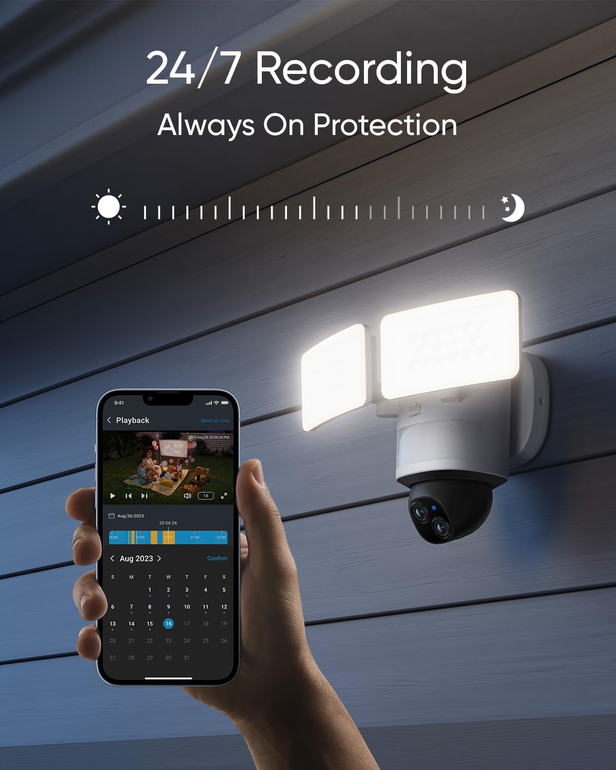 Eufy Security Floodlight Camera E340 Wired, Security Camera Outdoor, 360 Pan & Tilt, 24/7 Recording, 2.4G/5G Wi Fi, 2000 Lm, Mot
