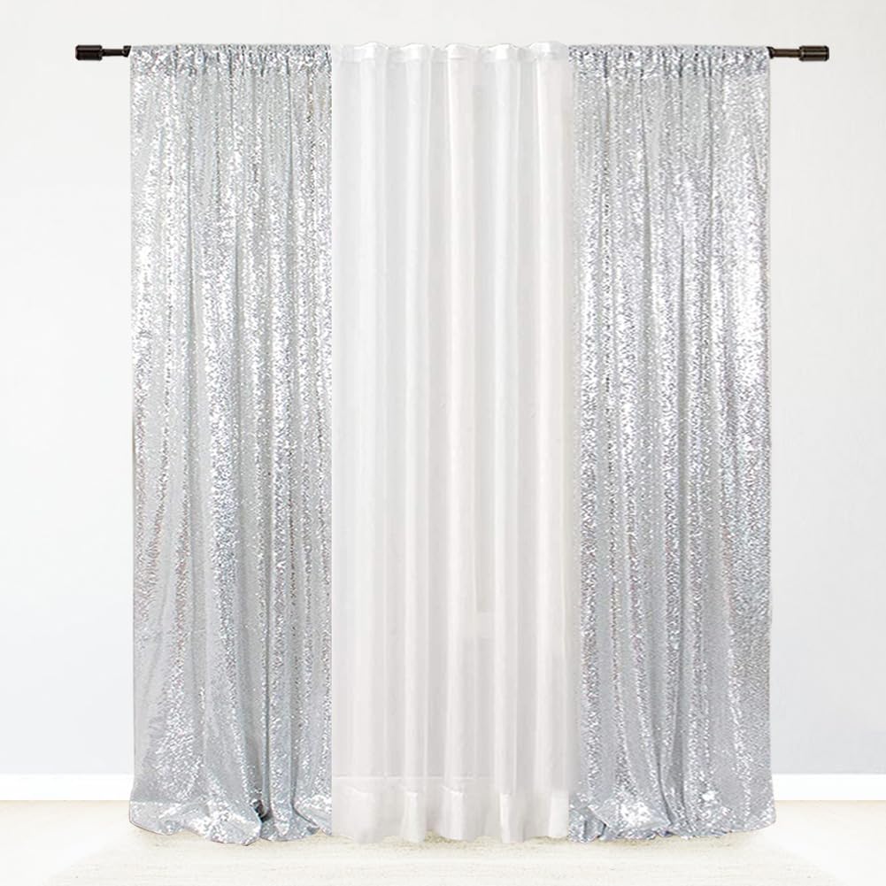Eternal Beauty Silver Sequin Backdrop Curtains For Wedding Party Decor, Sequin Christmas Backdrop Curtain (2 Pack, W2 X H8Ft,Sil
