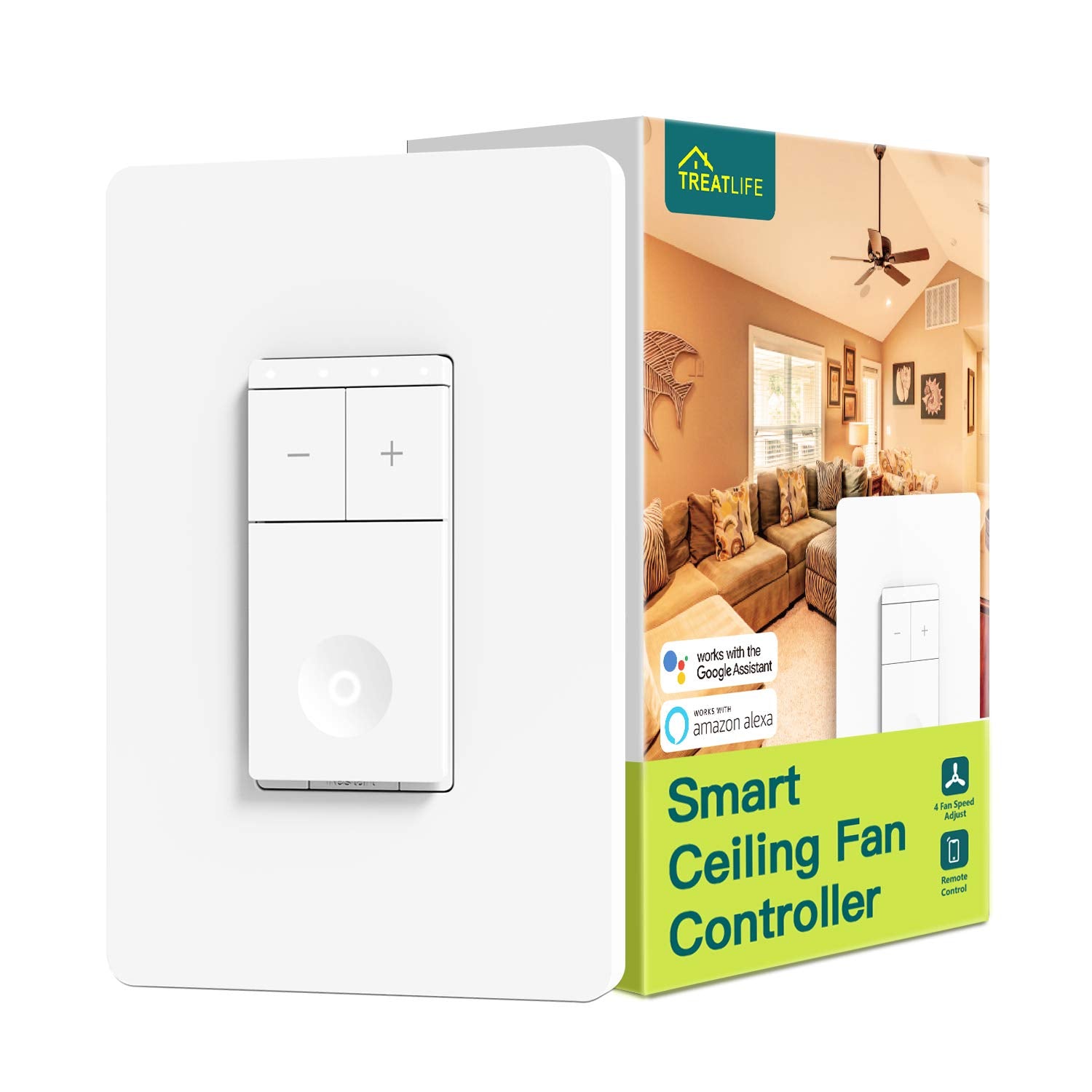 TREATLIFE Smart Ceiling Fan Control, 4 Speed Fan Switch for Ceiling Fan, Neutral Wire Required, 2.4GHz WiFi Smart Fan Switch Wor