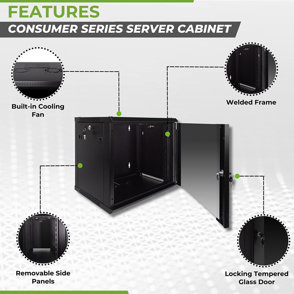Navepoint 9U Server Rack Enclosure With Glass Door, Cooling Fan, Locks, & Removable Side Panels   9U Wall Mount Network Cabinet
