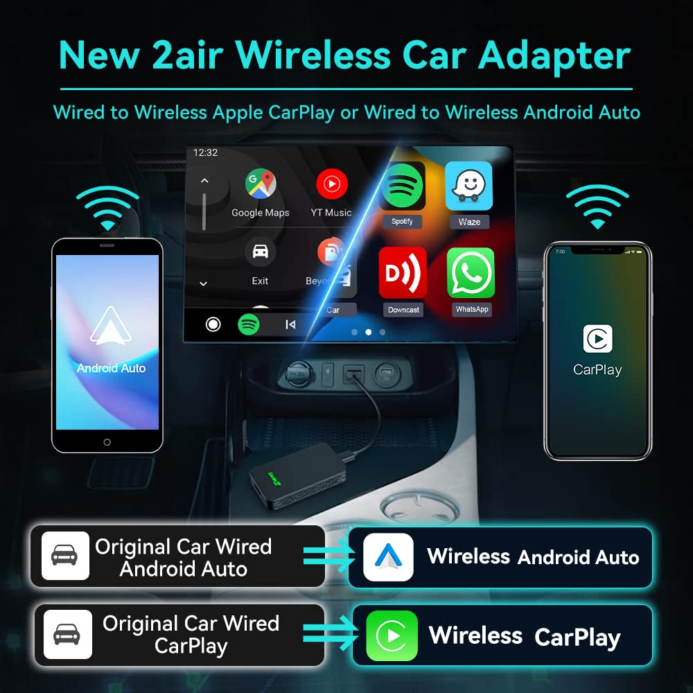 Carlinkit 5.0 2Air Wireless Car Adapter,Carplay Dongle For Wired Carplay And Wired Android Auto Car,For Iphone 6+ And Android 11+,Easy Setup Via Plug In Usb Connection,Supports Online Upgrde