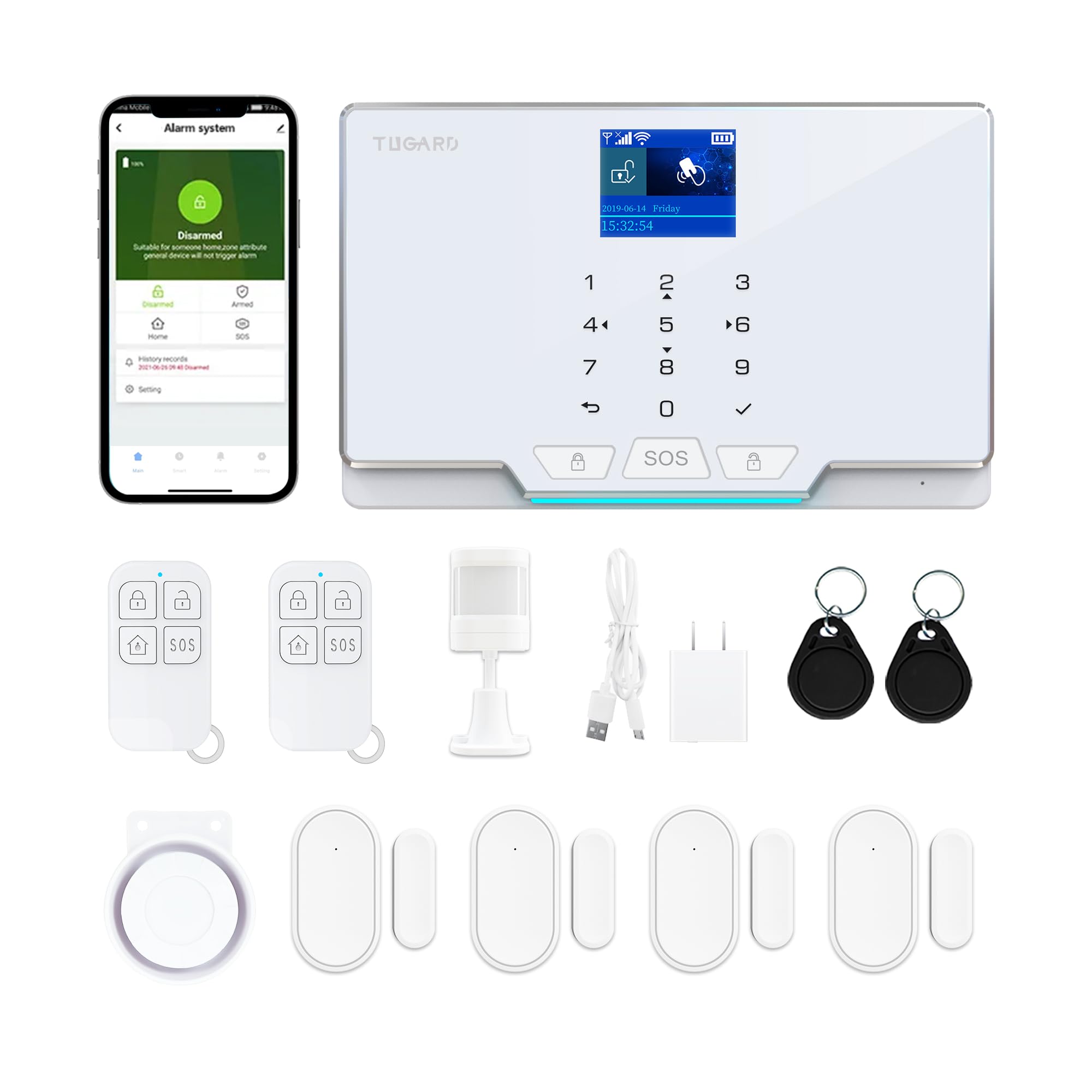 Tugard 1.8''Tft Colorful Screen Smart Home Security System 12Pieces Kits,Alarm Security With Phone App Alert,Remote Controls,Mon