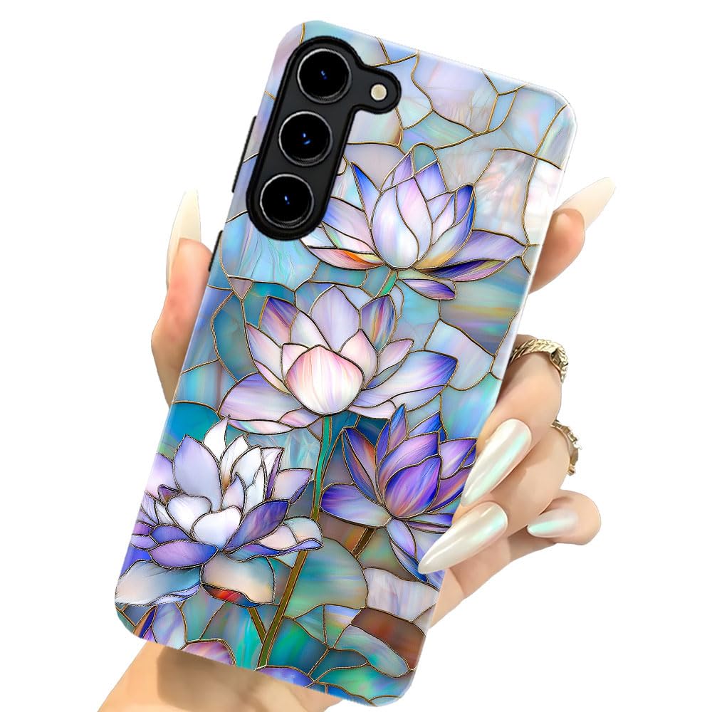 Djsok Compatible With Samsung Galaxy S23,Glossy Pc Anti-Scratch Shockproof Case - Lotus Stained Glass Pattern