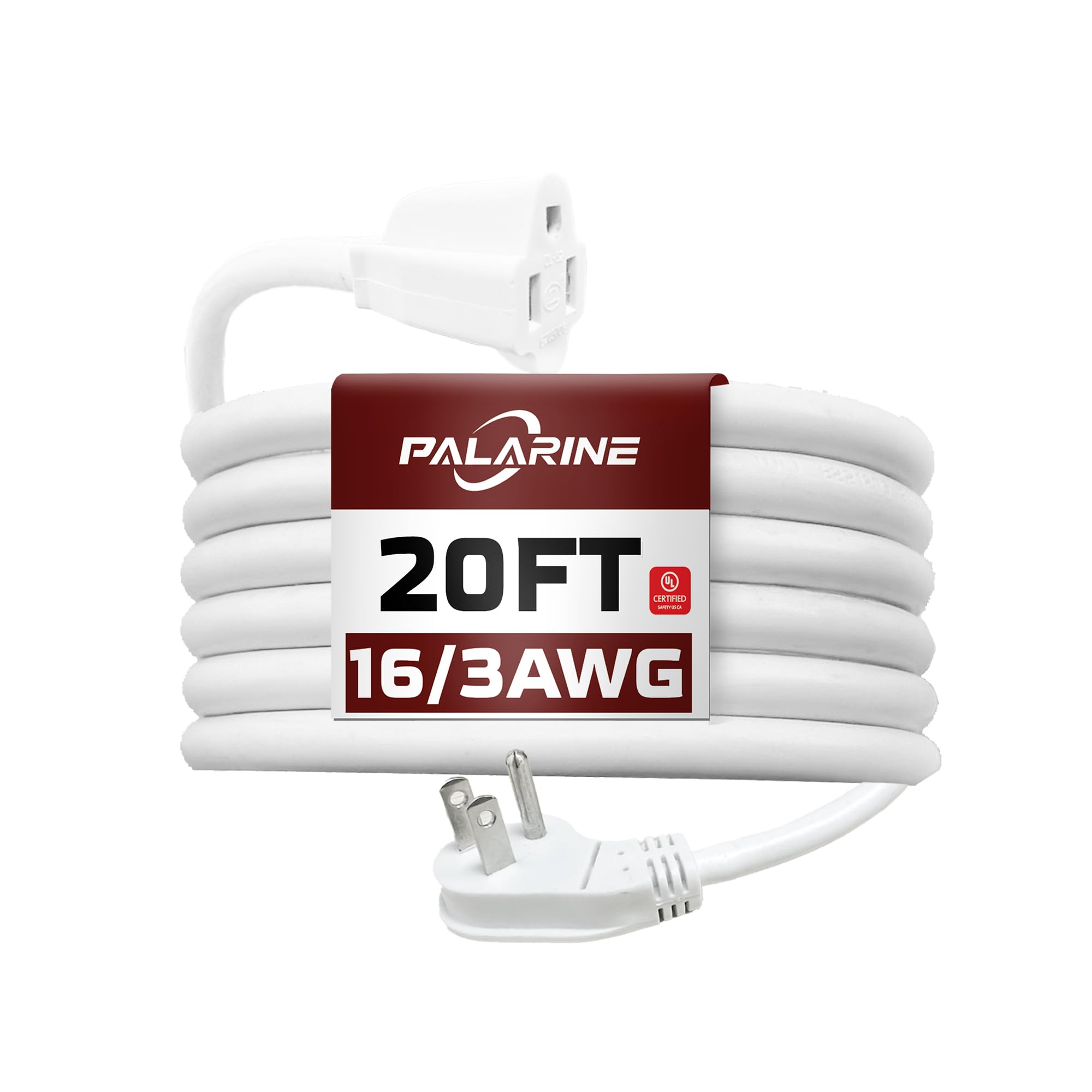 Palarine Indoor Flat Plug White Extension Cord 20Ft, Ul Listed, 16/3 Sjtw 3 Prong Heavy Duty, 16 Gauge 13A Power Cord For Lights