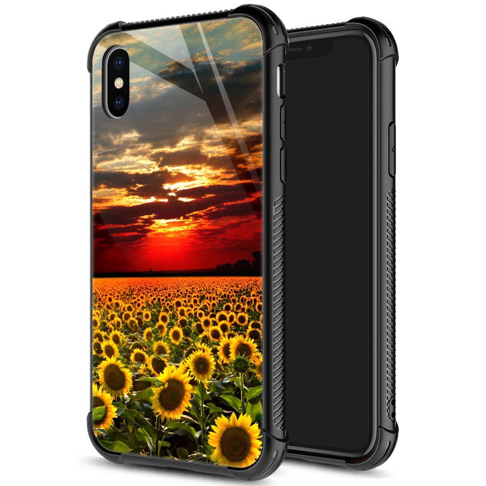 Iphone Xs Max Case,9H Tempered Glass Iphone Xs Max Cases For Girls Women, Sunflowers Field Pattern Shockproof Anti Scratch Case