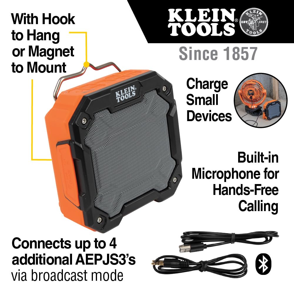 Klein Tools Aepjs3 Bluetooth Jobsite Speaker With Magnet And Hook, 20 Hr Run Time, Charge Via Usb A Or C, Pair Multiple Speakers Via Broadcast, Hands Free Capable