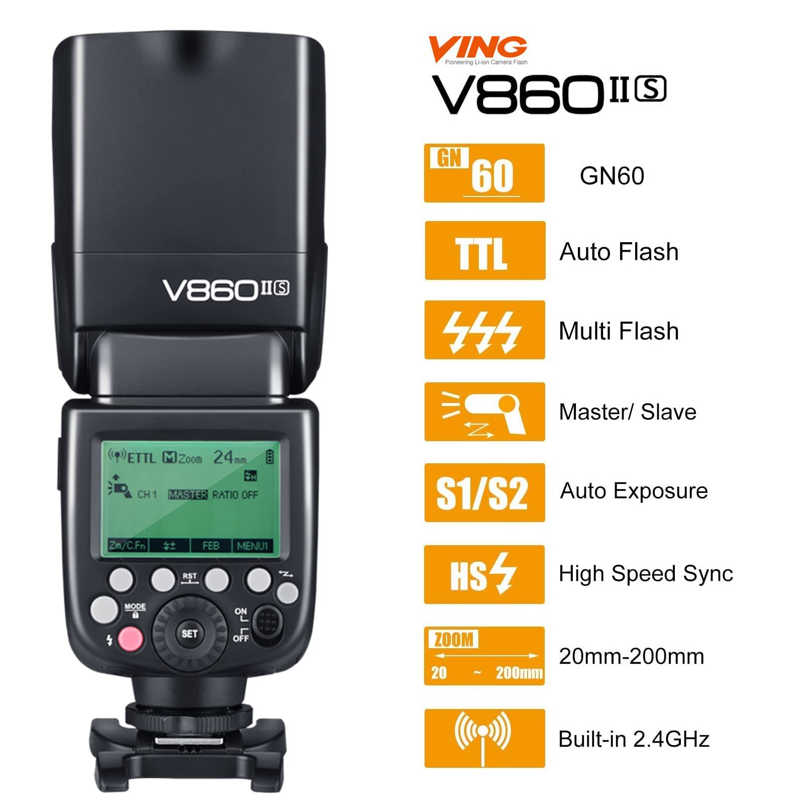 Godox V860Ii-S Ttl Flash For Sony, Gn60 2.4G Speedlite For Sony Hss 1/8000S, 2000Mah Li-Ion Battery, Approx. 650 Full Power Flas