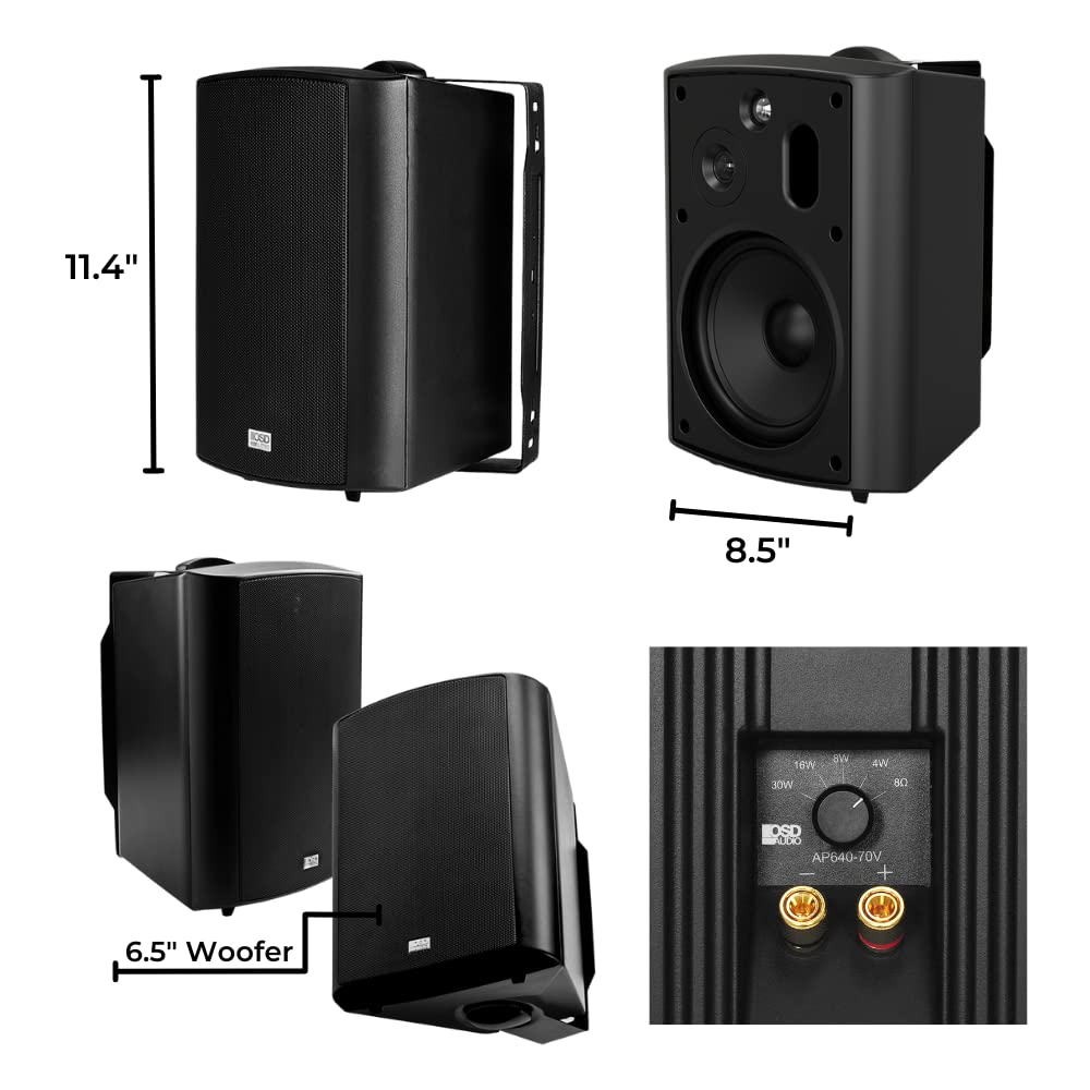 OSD 6.5' Outdoor Patio Speaker Pair 150W, 3 Way, IP54 Weather Resistant, Black AP640