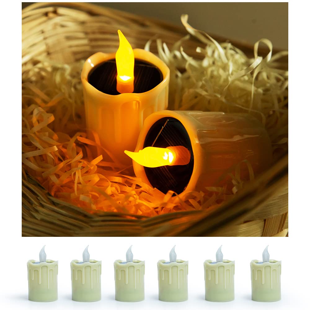 Zhaofubao Solar Candles Lights, Warm Yellow Flashing Light, Solar Charging Tea Wax Light, 6 Fire Wax Lights, Suitable For Weddin