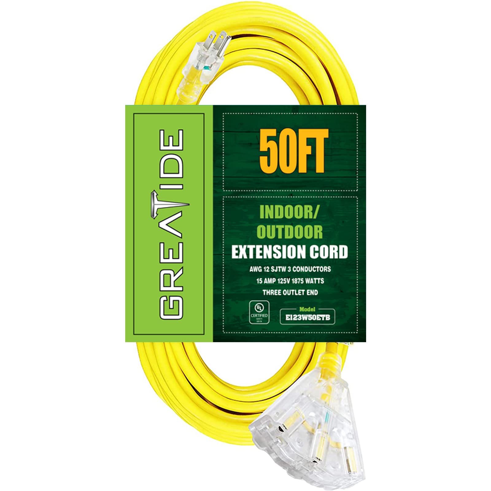 Greatide 50 Ft Lighted Outdoor Extension Cord With 3 Electrical Power Outlets   12/3 Sjtw Heavy Duty Yellow Extension Cable With