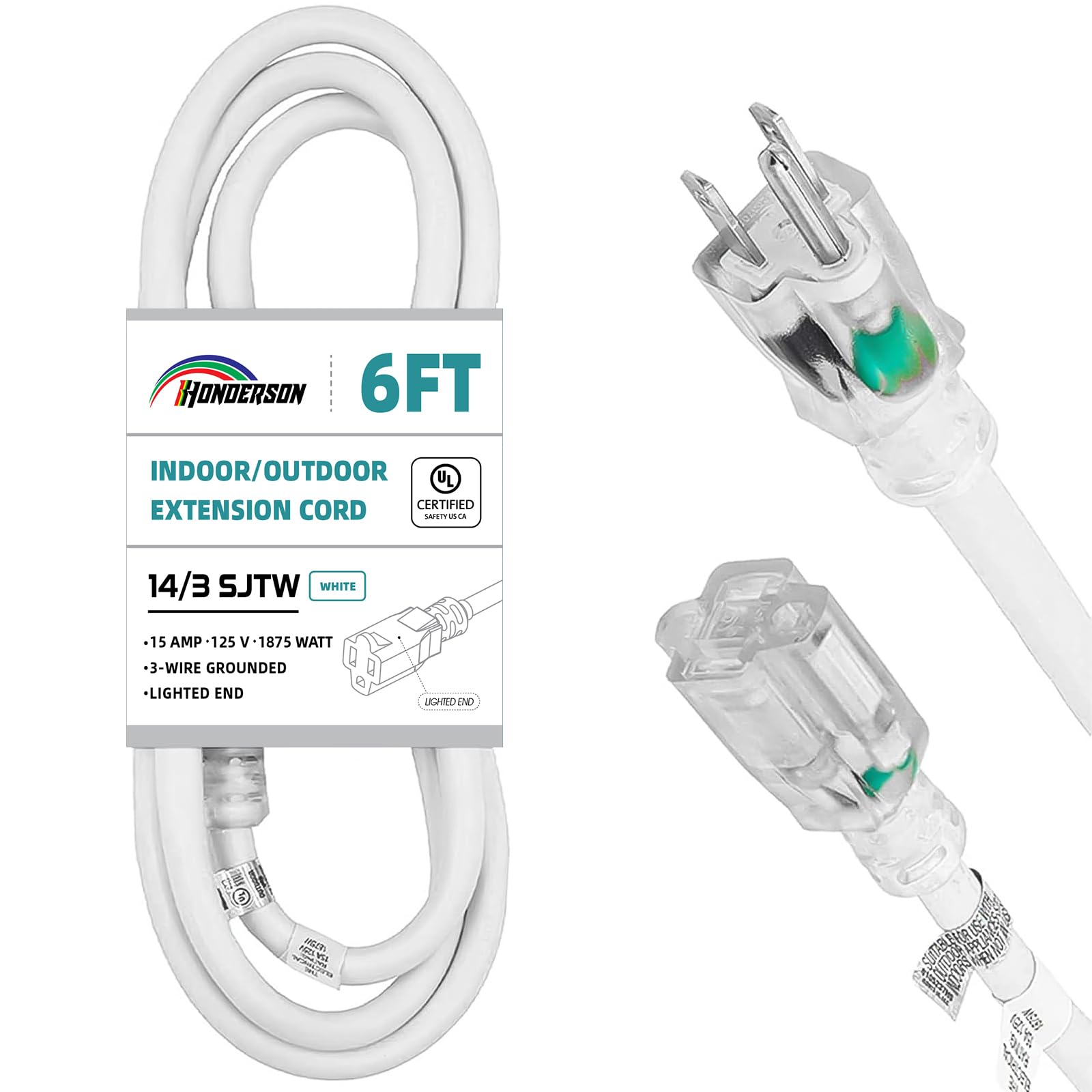 Honderson Indoor Outdoor Extension Cord Weatherproof With Lighted End, Ul Listed, 14 Gauge 6Ft White 3 Prong Heavy Duty Extensio