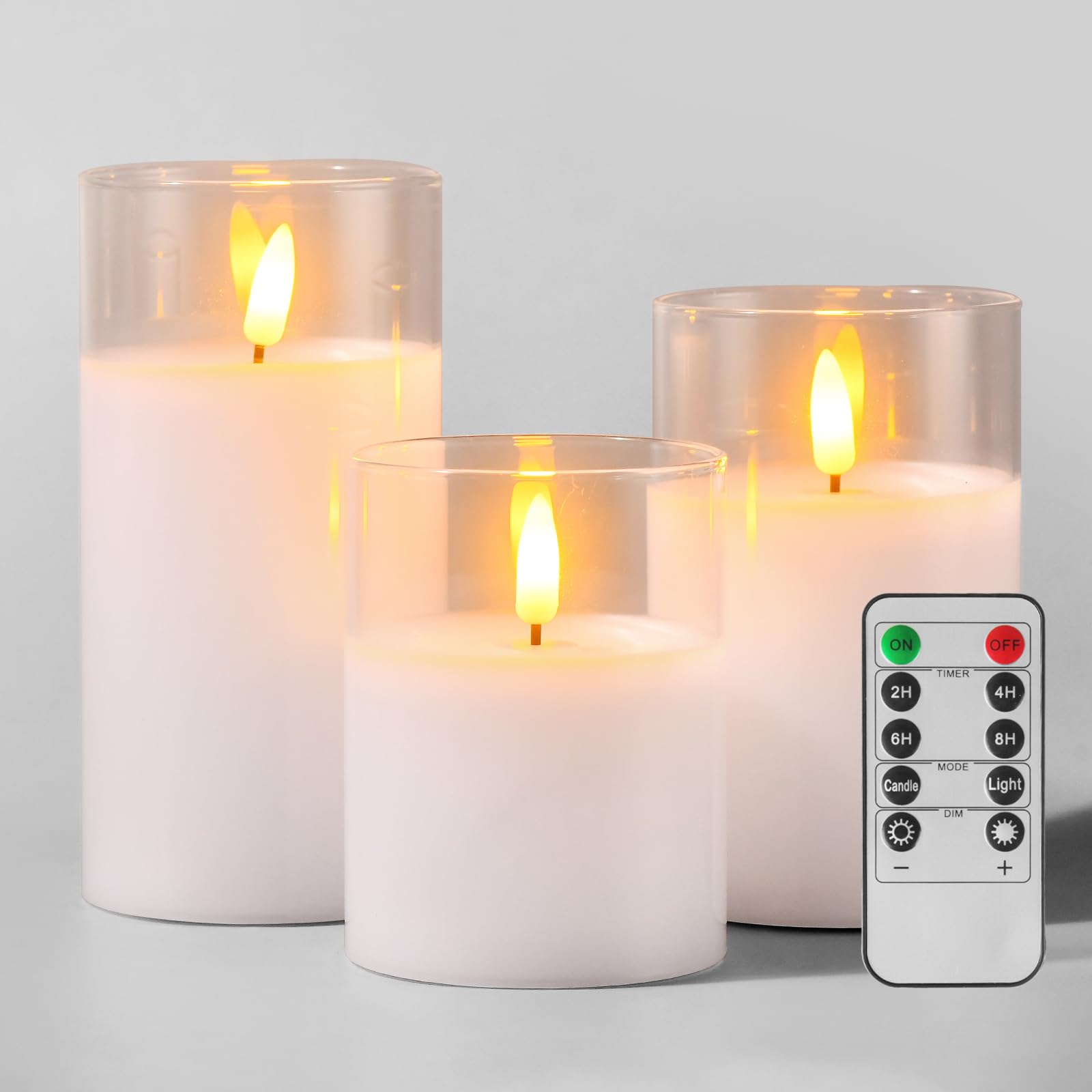 Glass Battery Operated LED Pillar Flameless Candles with10-Key Remote and Timer, Real Wax Candles Warm Color Wick Flickering Lig