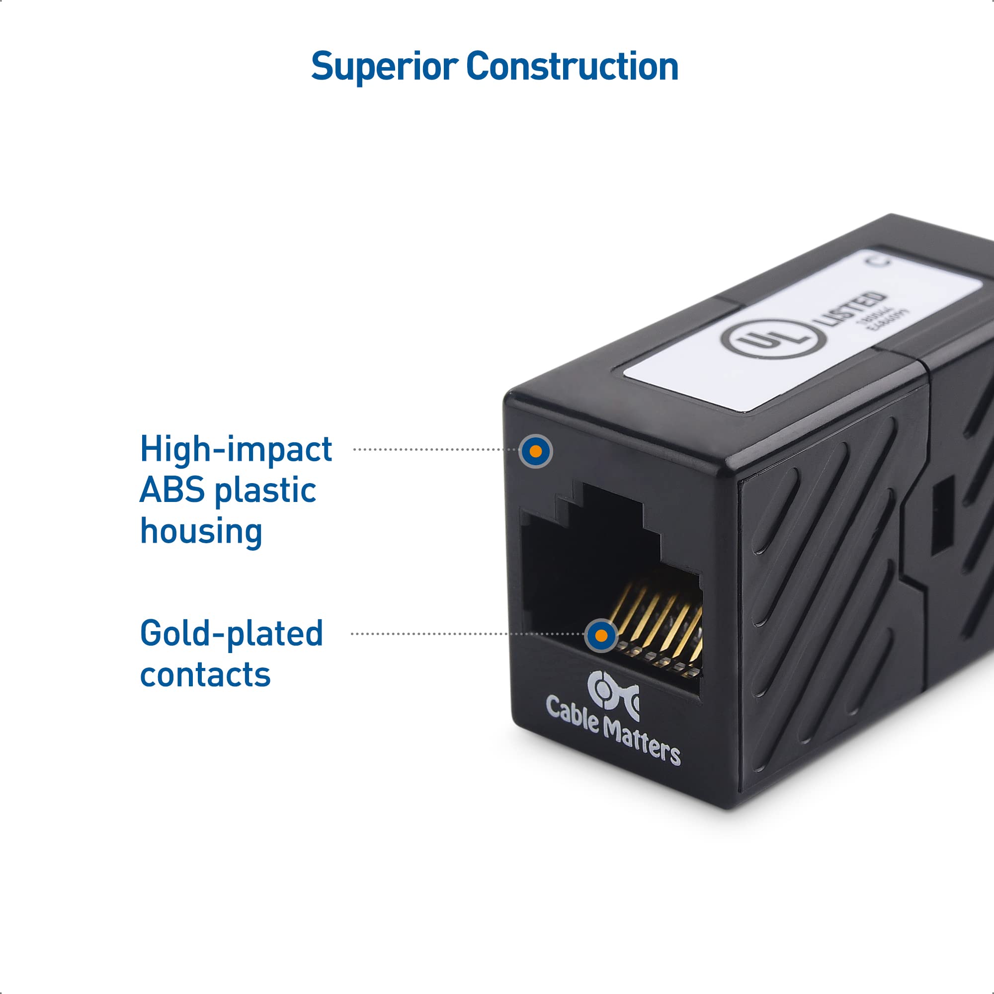 Cable Matters [UL Listed] 10 Pack 10Gbps Cat 6 Ethernet Coupler (RJ45 Coupler, Cat6 Coupler, Ethernet Extender Adapter) in Black, Compatible with Cat6A, Cat5e