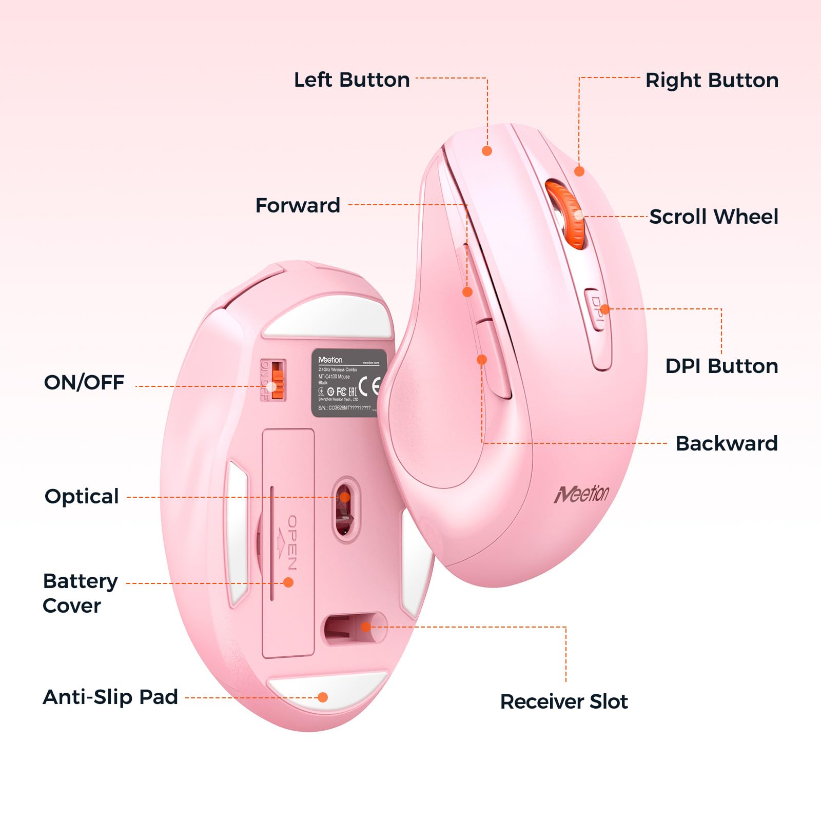 MEETION Wireless Keyboard and Mouse Set, Full-Sized Cordless with Wrist Rest, 3 DPI, 2.4GHz USB Receiver, Pink for PC/Laptop/Windows/Mac