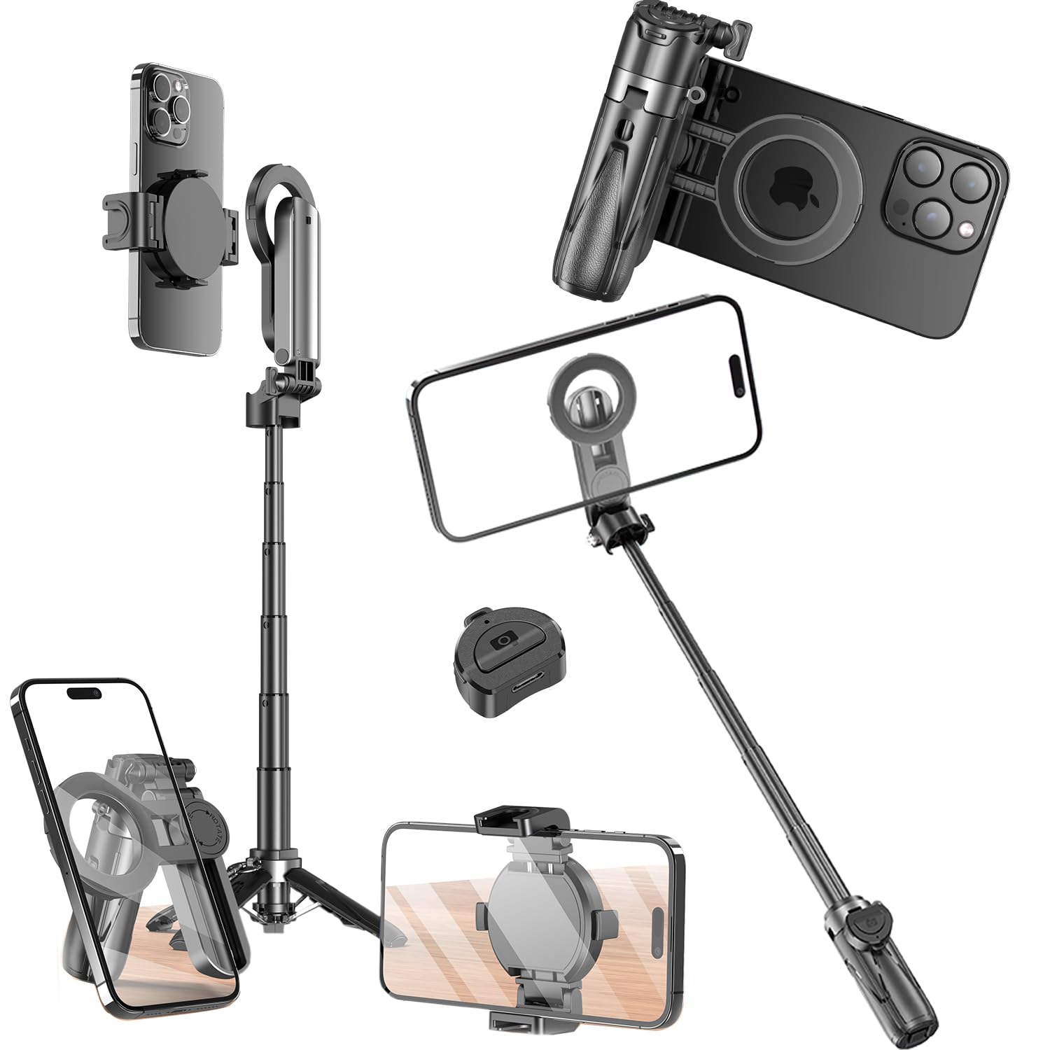 Esimen Magnetic Mini Selfie Stick for iPhone/Android -Portable Pocket Tripod with Detachable Remote, 2-in-1 Magnetic Suction & C