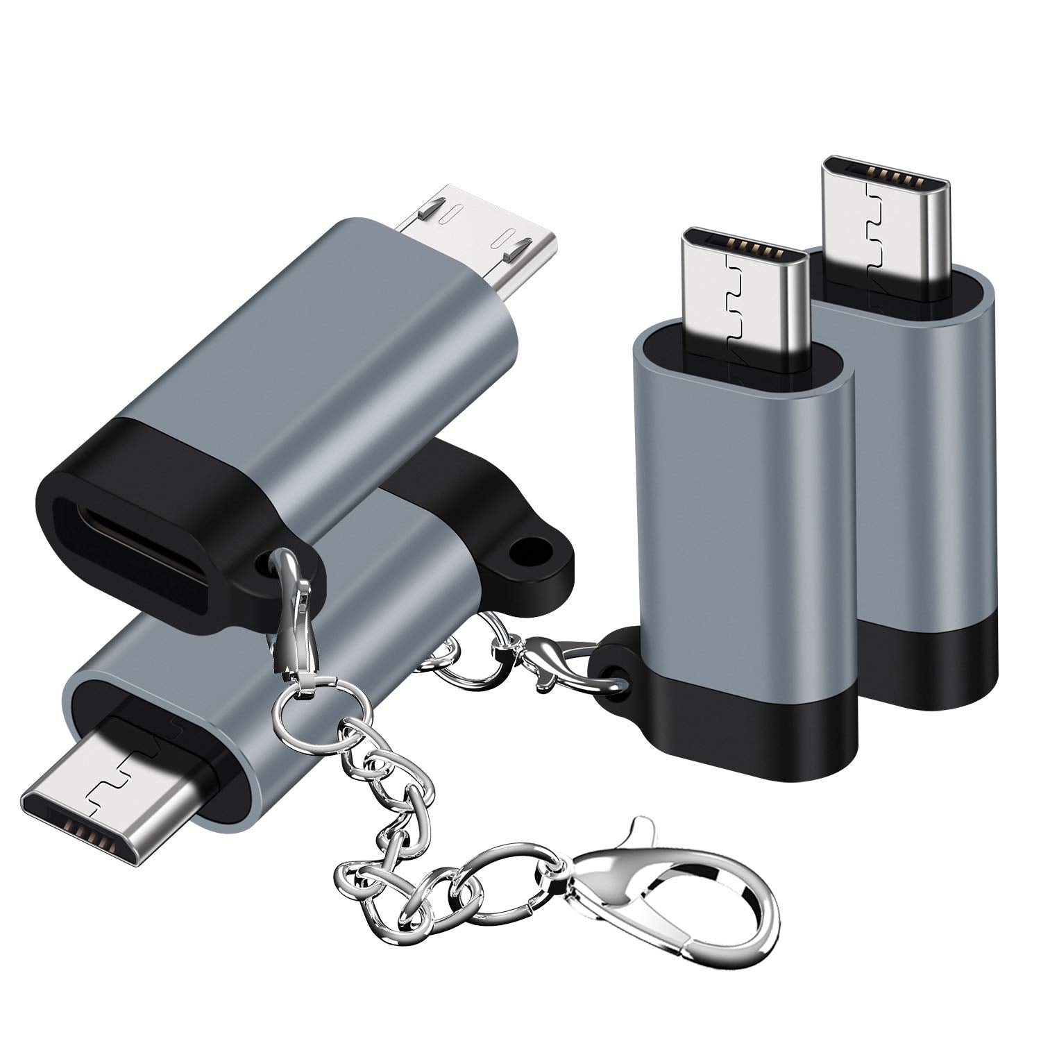 Usb C To Micro Usb Adapter, (4 Pack) Type C Female To Micro Usb Male Convert Connector With Keychain Charge & Data Sync Compatib