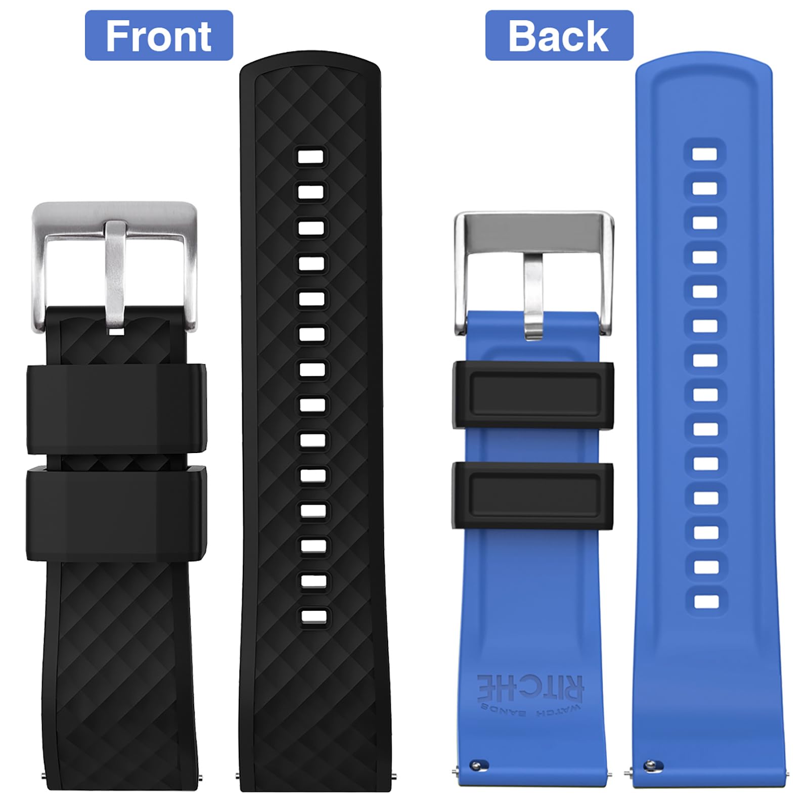 Ritche Christmas Gift 24Mm Silicone Watch Band Quick Release Rubber Watch Bands For Men Women   Black Top Blue Bottom Silver Buc