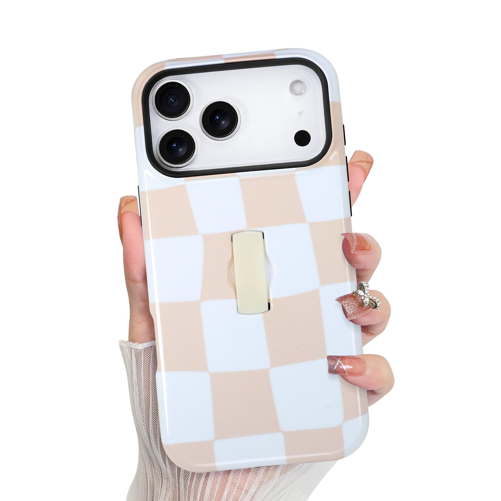 KANGHAR Compatible with iPhone 17 Pro Max Case, Silicone Checkered Cute Pattern, Finger Hold Wristband Kickstand Camera Protecti