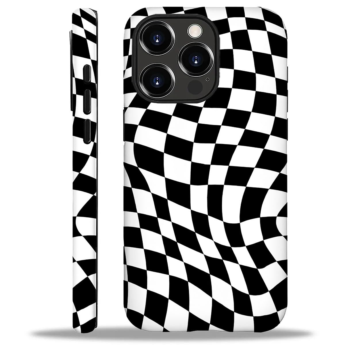 WANKBLC Compatible with iPhone 16 Pro Max Matte Case, Twisted Black White Checkered Pattern for Girl Full Body Design Soft Silic