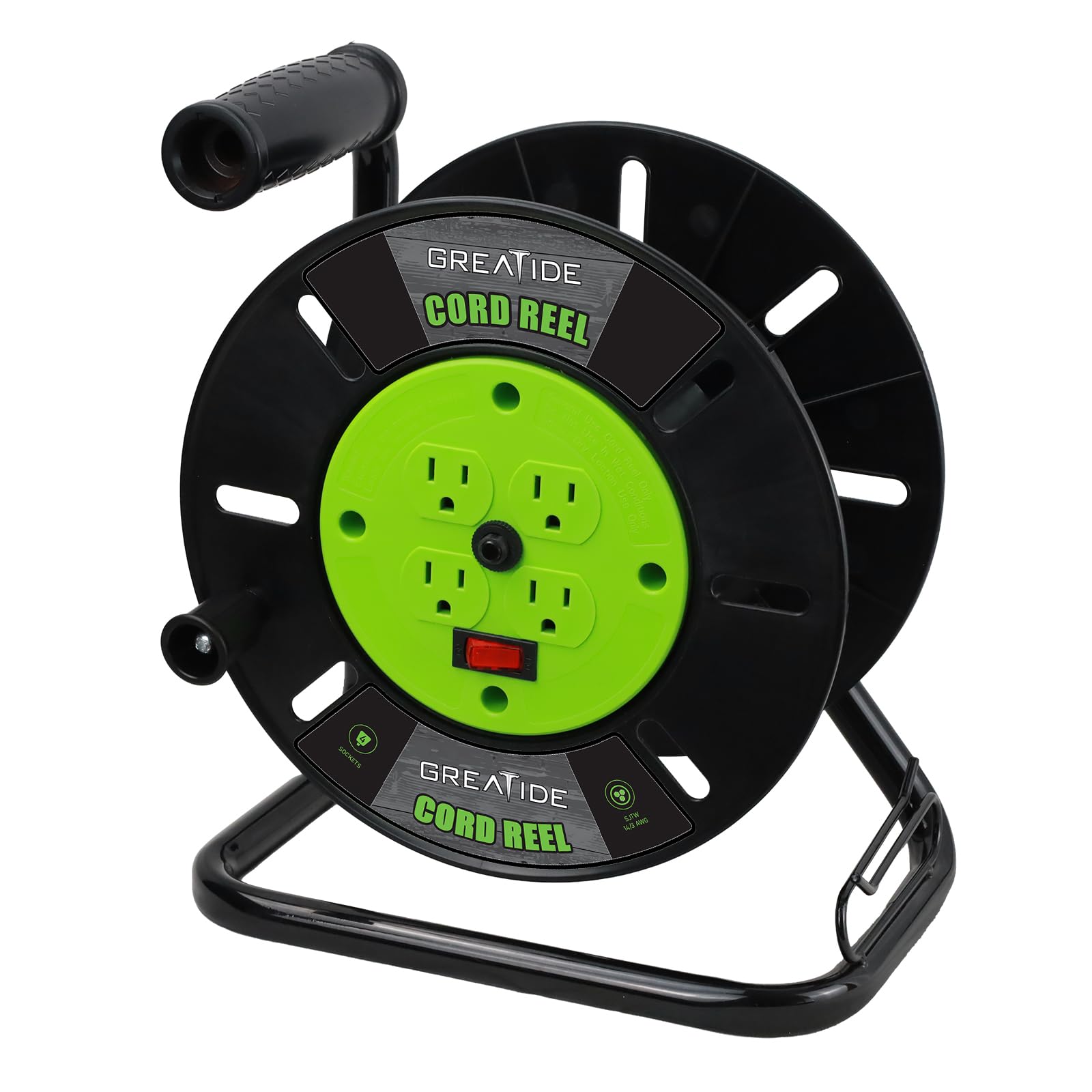 Greatide Heavy Duty Extension Cord Storage Reel With 4Grounded Outlets, 10A Circuit Breaker, Retractable Hand Wind, Portable Emp