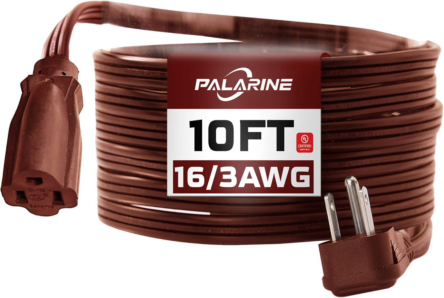 Palarine Brown Flat Plug Extension Cord 10 Ft, Indoor Extension Cord, 16/3 Spt 3 13A 3 Prong Power Cord For Kitchens, Behind Fur